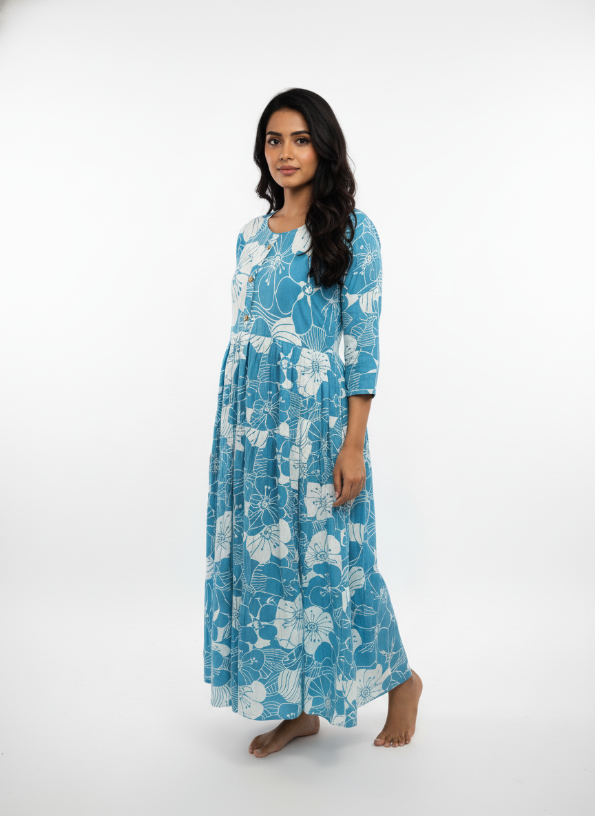 Women’s Cotton Floral Printed Anarkali Dress (Blue)