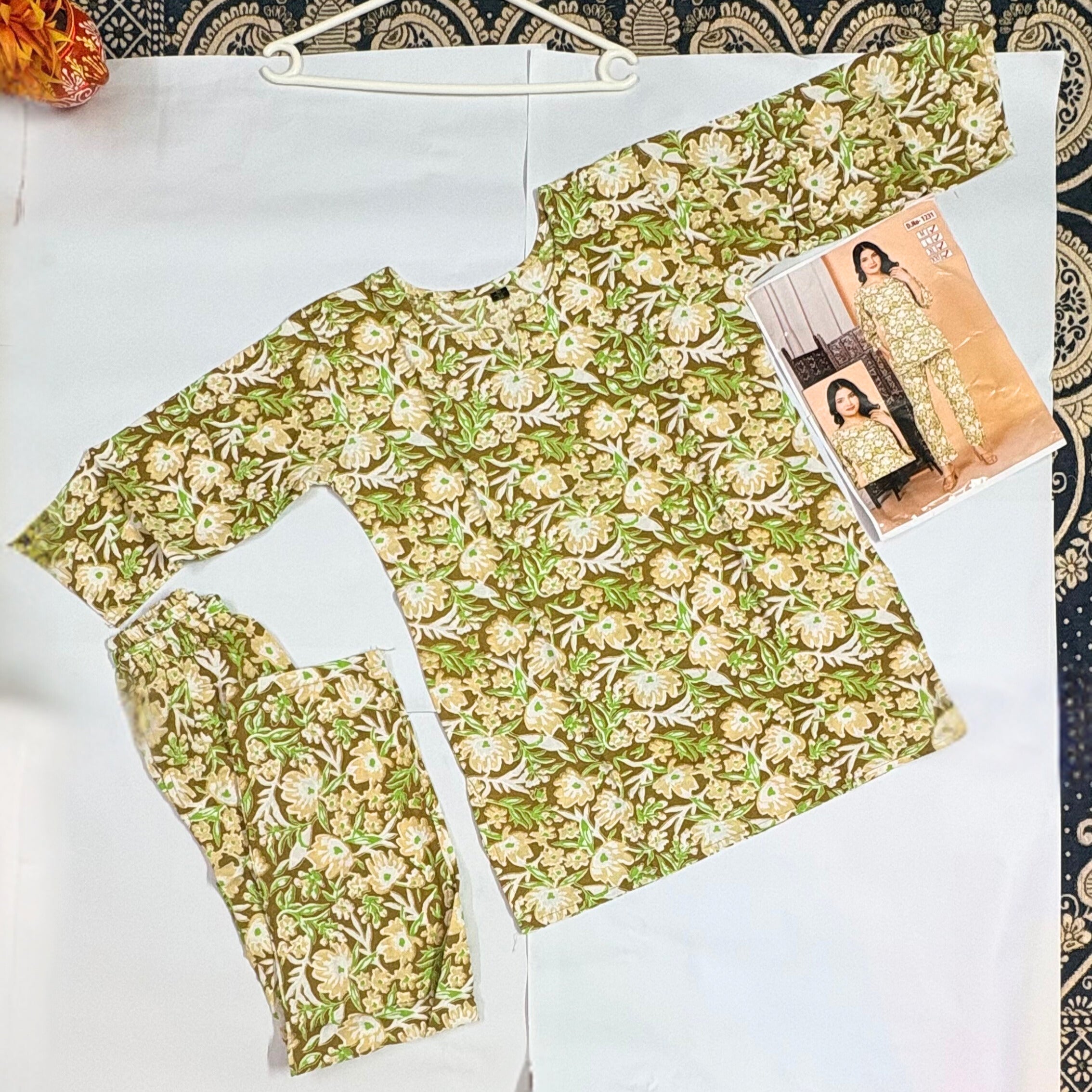 Women’s Cotton Printed Kurti & Pant Co-ord Set – Soft green flower Design | Comfortable Daily Wear Suit Set