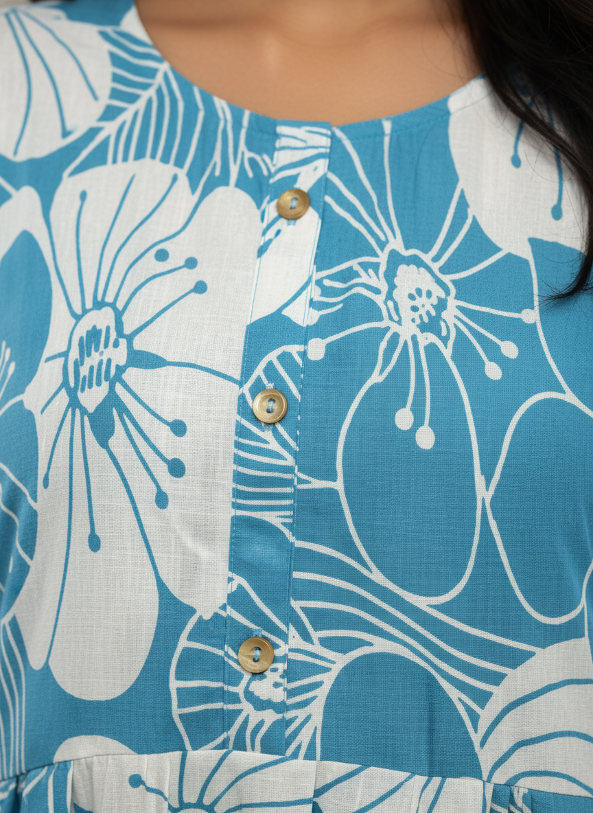 Women’s Cotton Floral Printed Anarkali Dress (Blue)