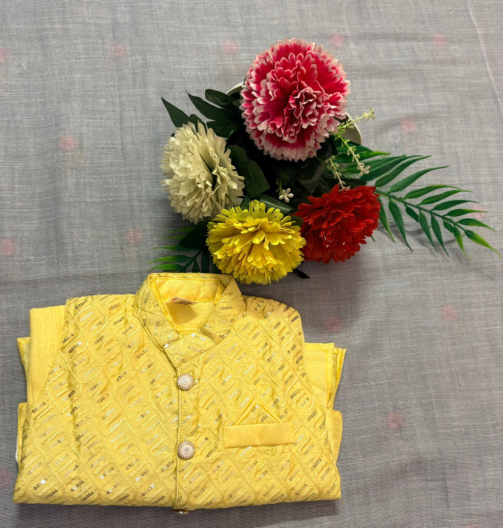 Elegant Yellow Boys Kurta with Embroidered Jacket and Pagdi Set