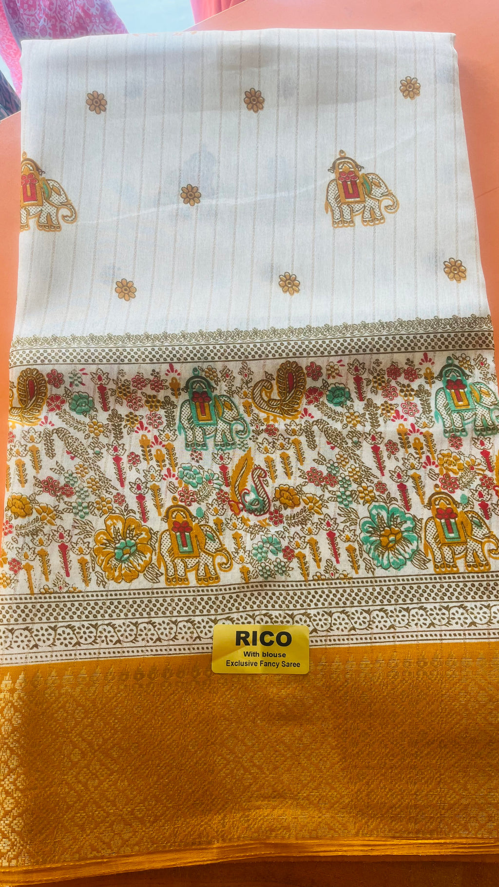 Rico Exclusive Fancy Saree with Blouse – Cream & Mustard Elephant Print