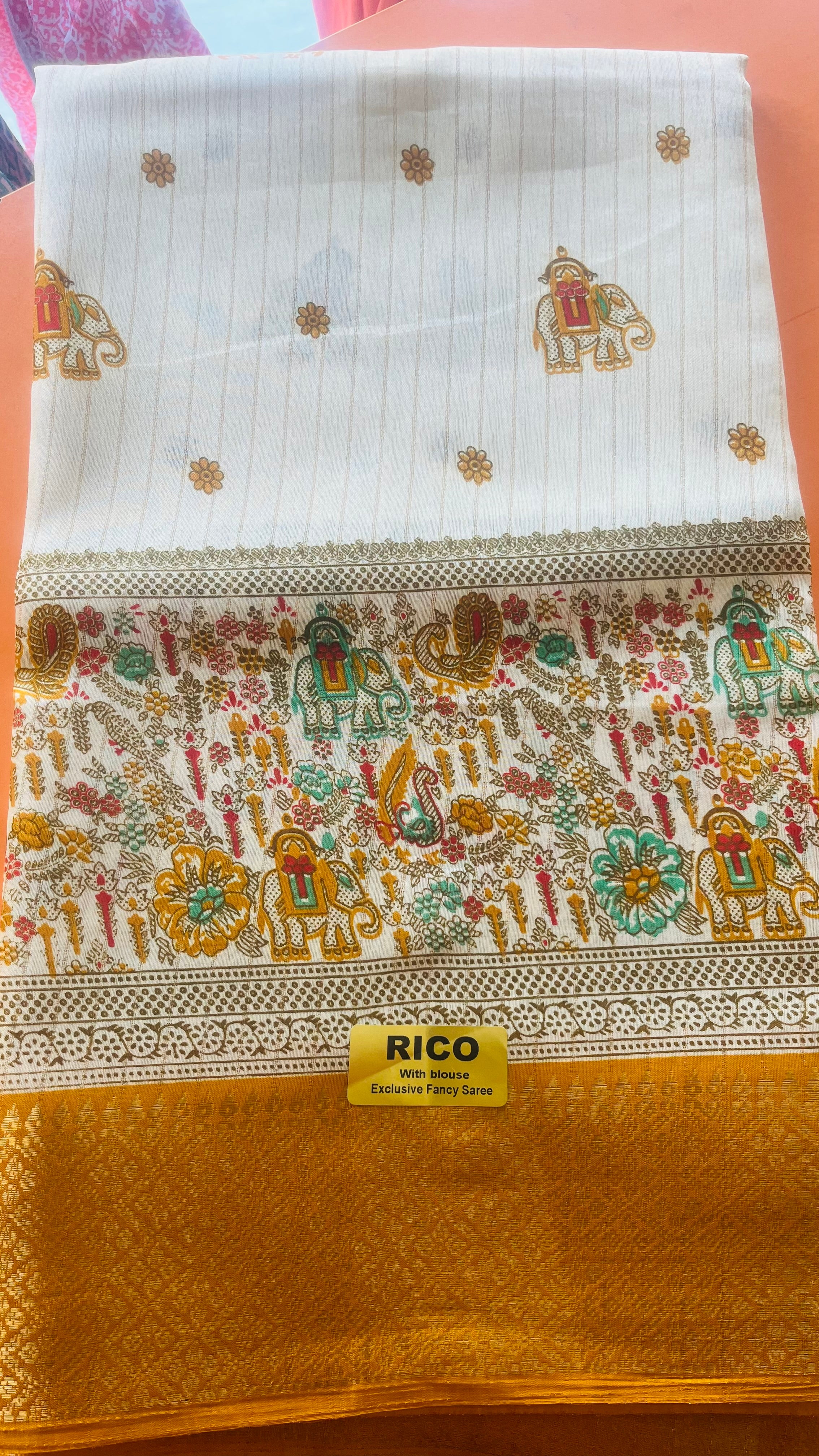 Rico Exclusive Fancy Saree with Blouse – Cream & Mustard Elephant Print