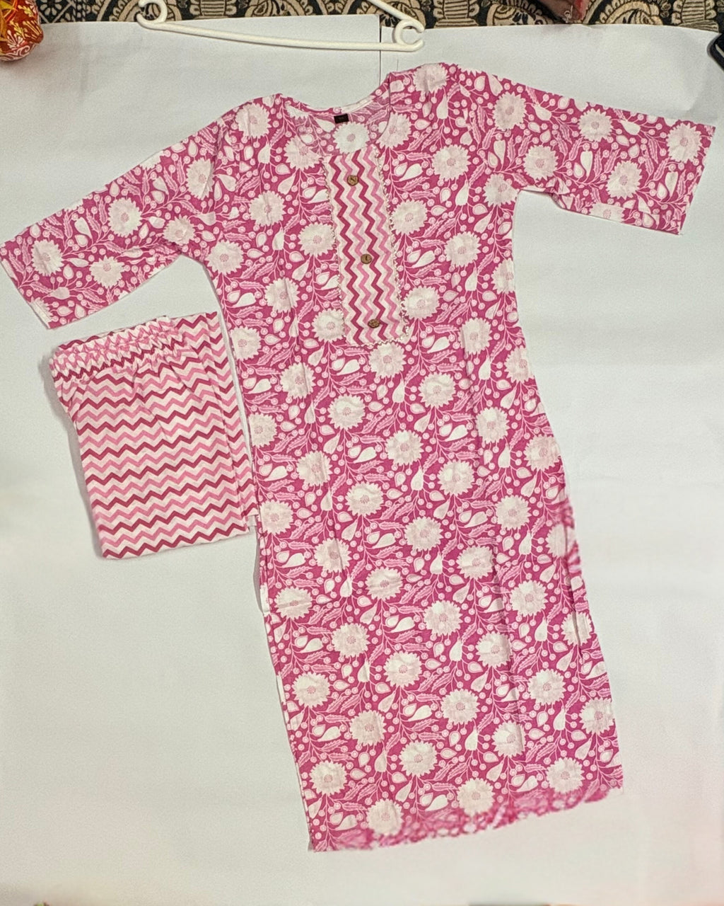 Long Cotton Kurti & Pant 2-Piece Set – Floral Pink