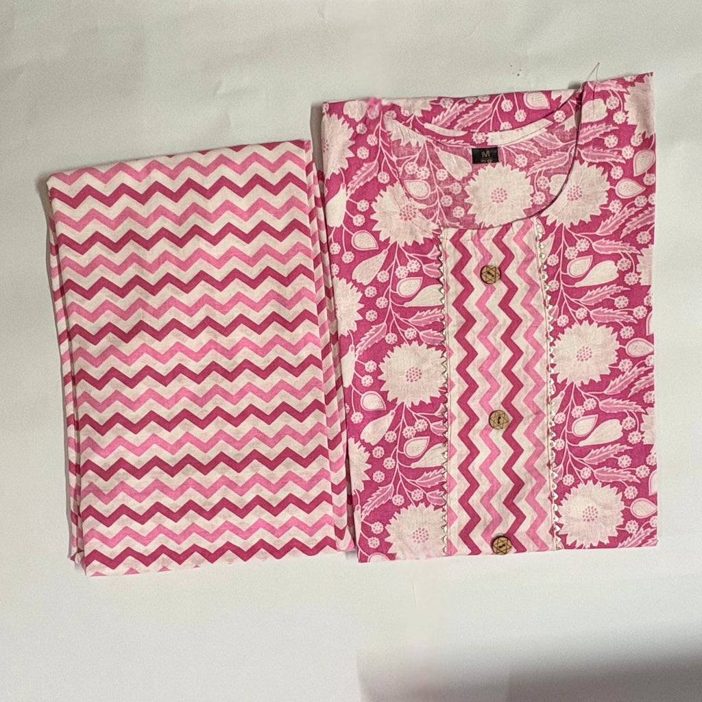 Long Cotton Kurti & Pant 2-Piece Set – Floral Pink
