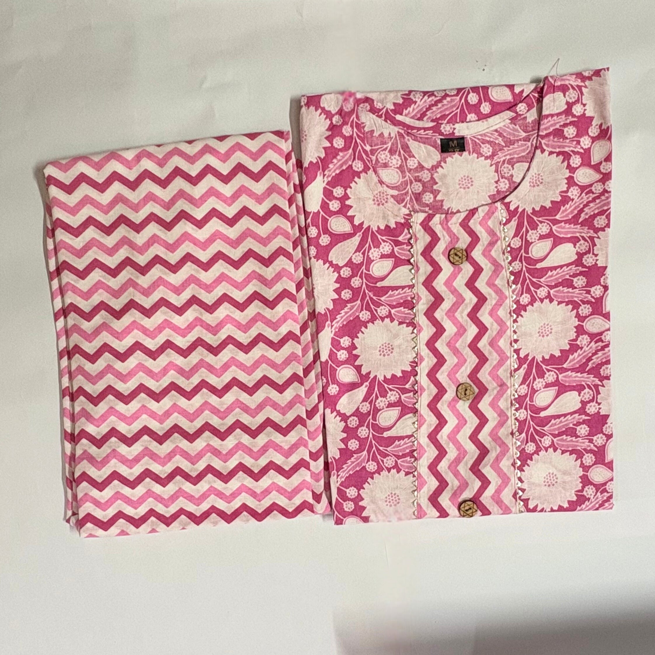 Long Cotton Kurti & Pant 2-Piece Set – Floral Pink