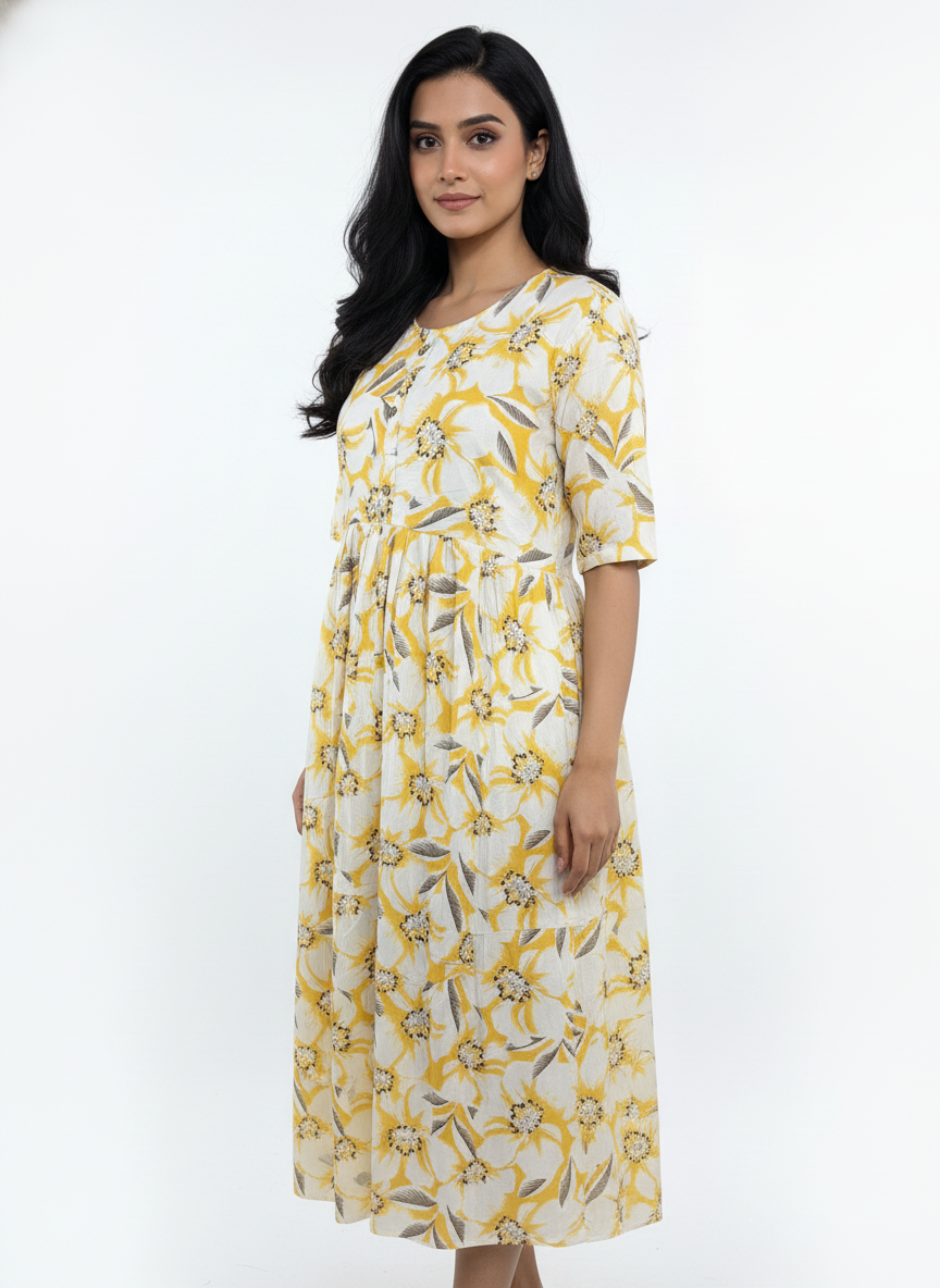 Women’s Cotton Floral Printed Anarkali Dress (Yellow)