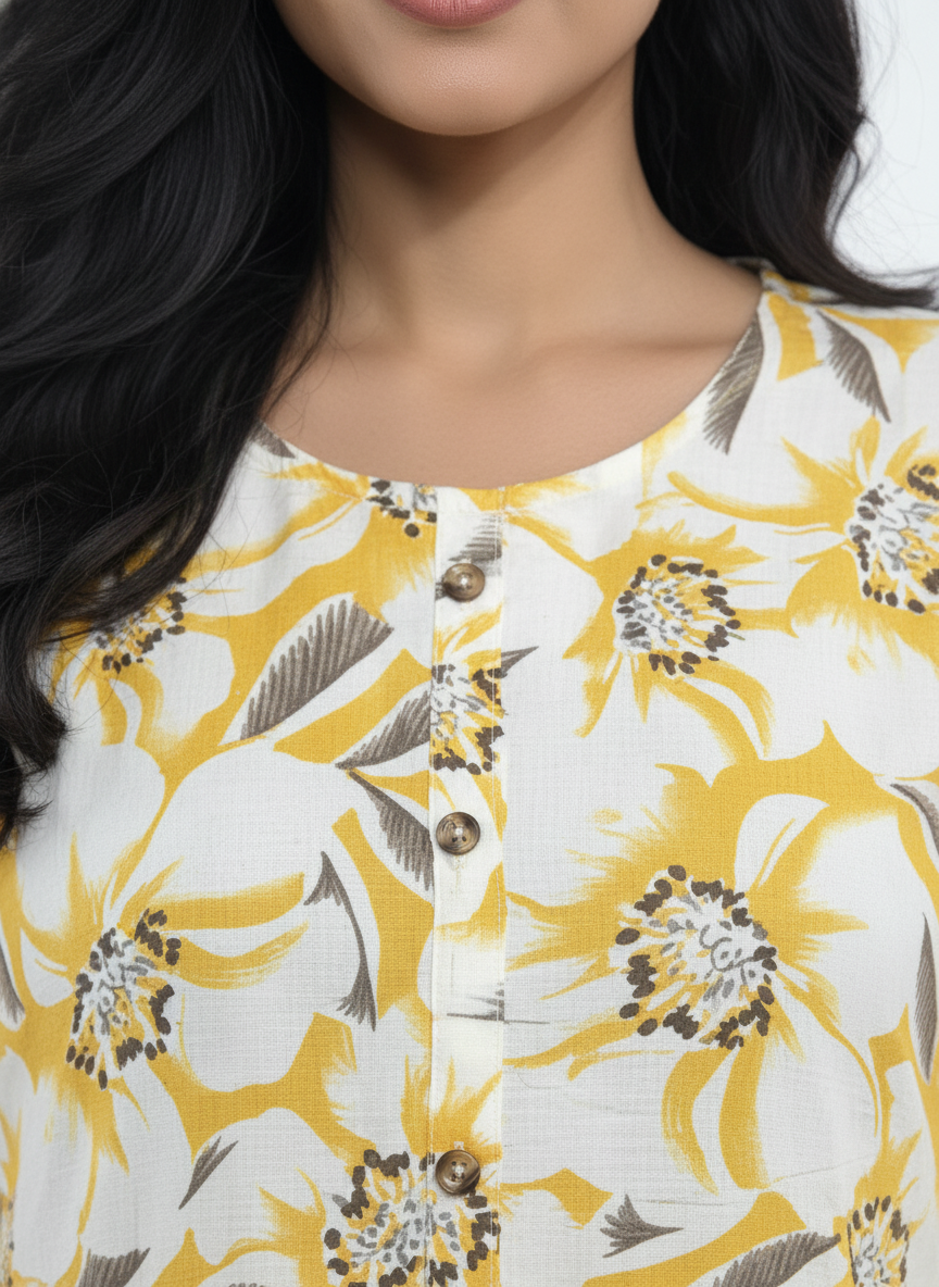 Women’s Cotton Floral Printed Anarkali Dress (Yellow)