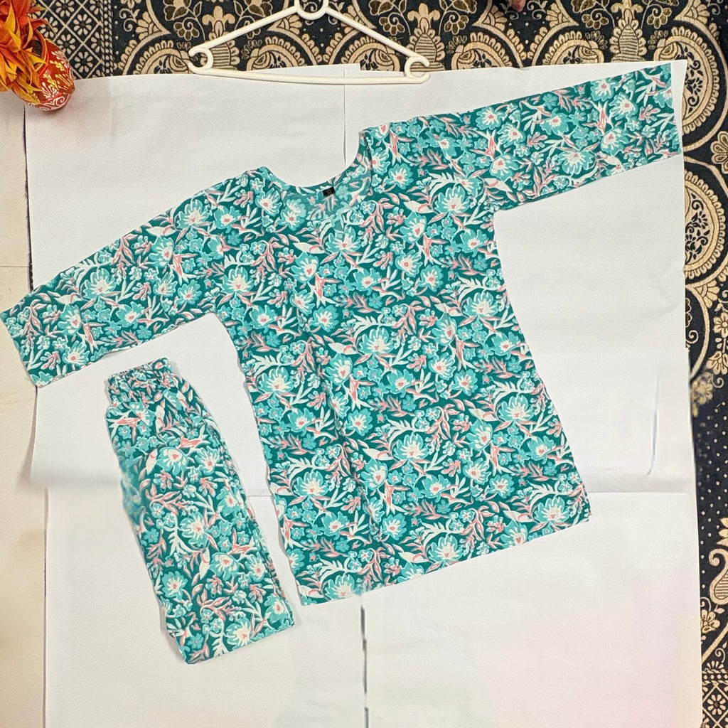 Women’s Cotton Printed Kurti & Pant Co-ord Set – Soft Green Floral Design | Comfortable Daily Wear Suit Set