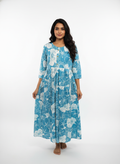 Women’s Cotton Floral Printed Anarkali Dress (Blue)