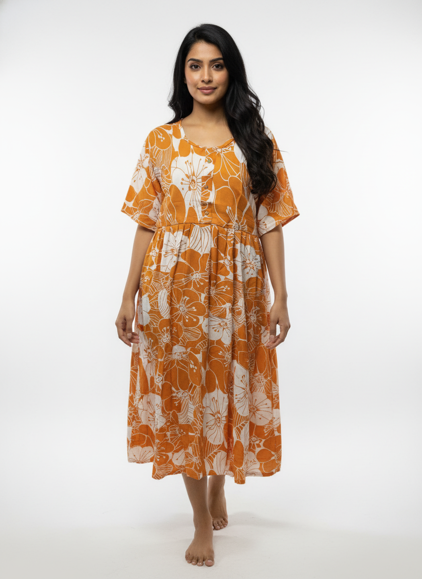 Women’s Cotton Floral Printed Anarkali Dress (Orange)