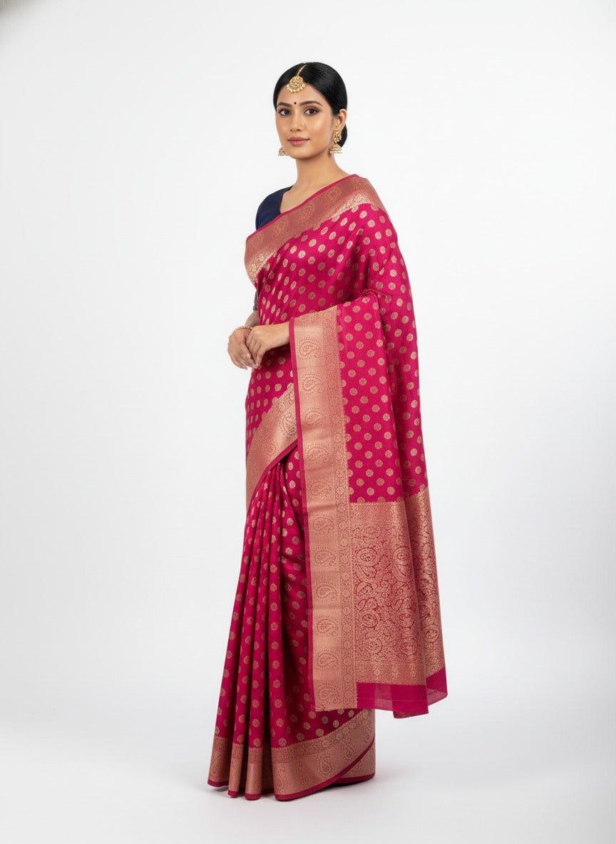 Elegant Magenta Pink Banarasi Silk Saree with Golden Buti & Rich Zari Border