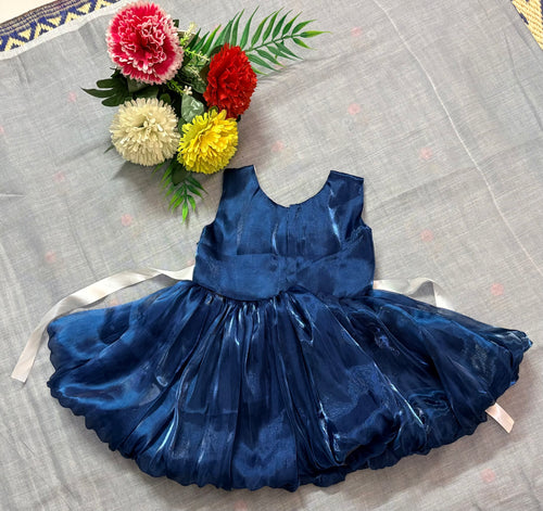 Elegant Navy Blue Baby Girl Party Dress with White Bow & Satin Belt