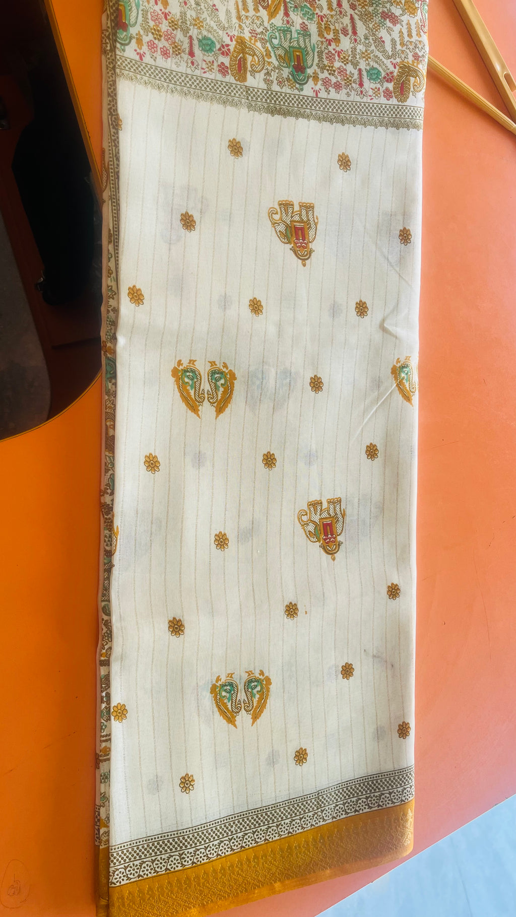 Rico Exclusive Fancy Saree with Blouse – Cream & Mustard Elephant Print