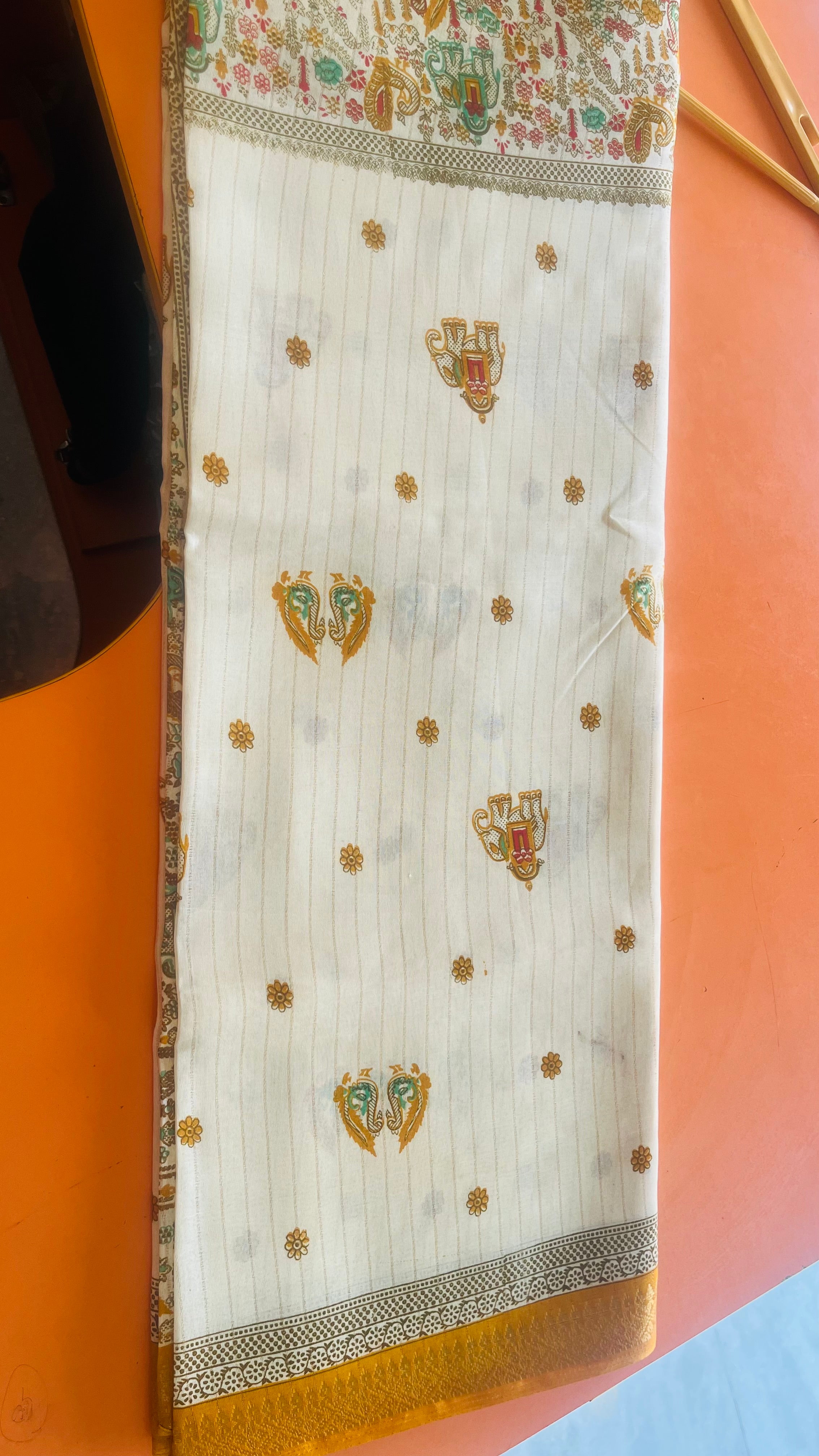 Rico Exclusive Fancy Saree with Blouse – Cream & Mustard Elephant Print