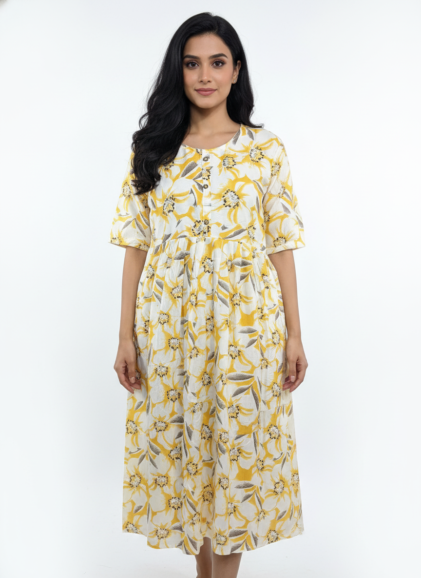 Women’s Cotton Floral Printed Anarkali Dress (Yellow)