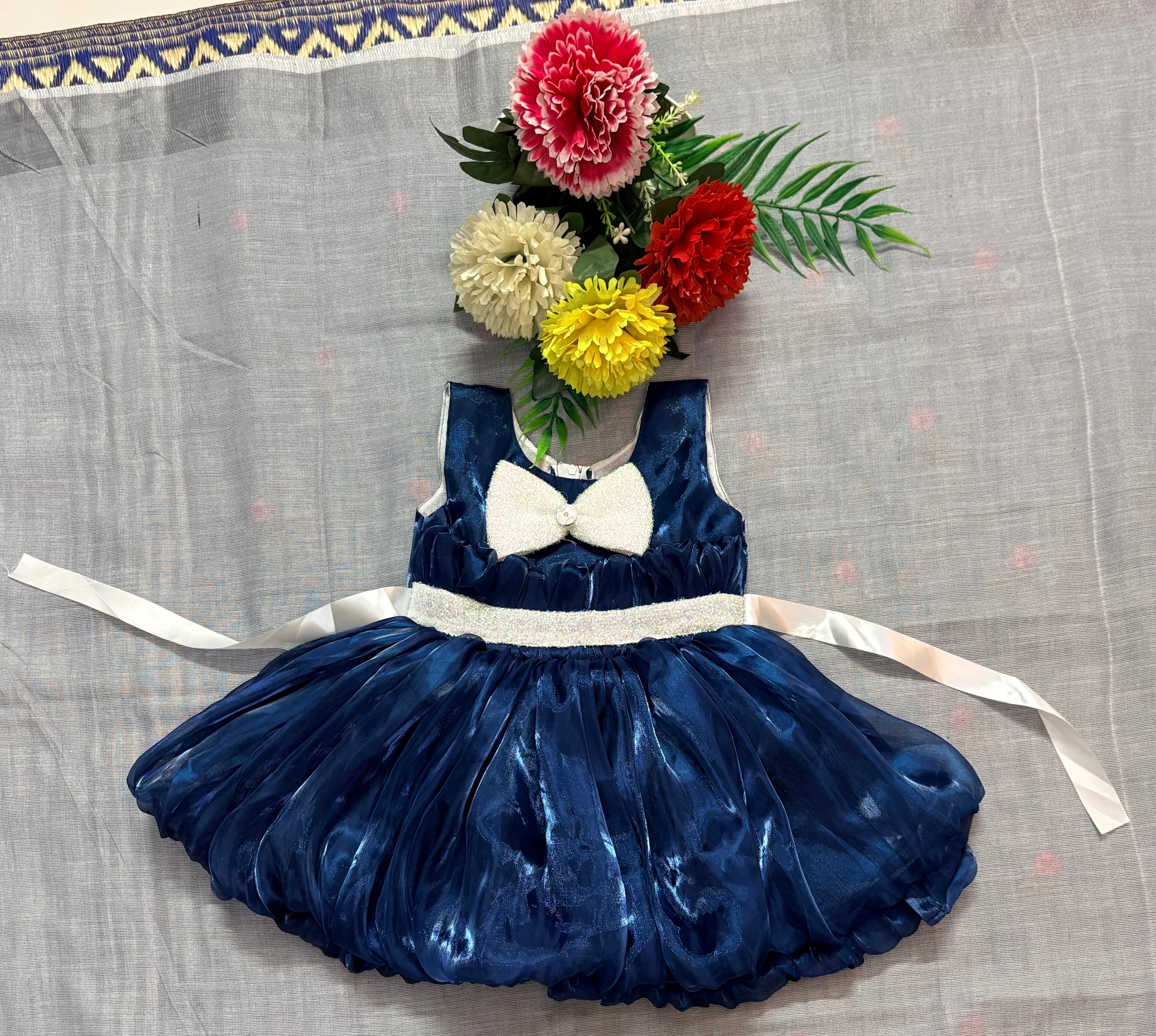 Elegant Navy Blue Baby Girl Party Dress with White Bow & Satin Belt