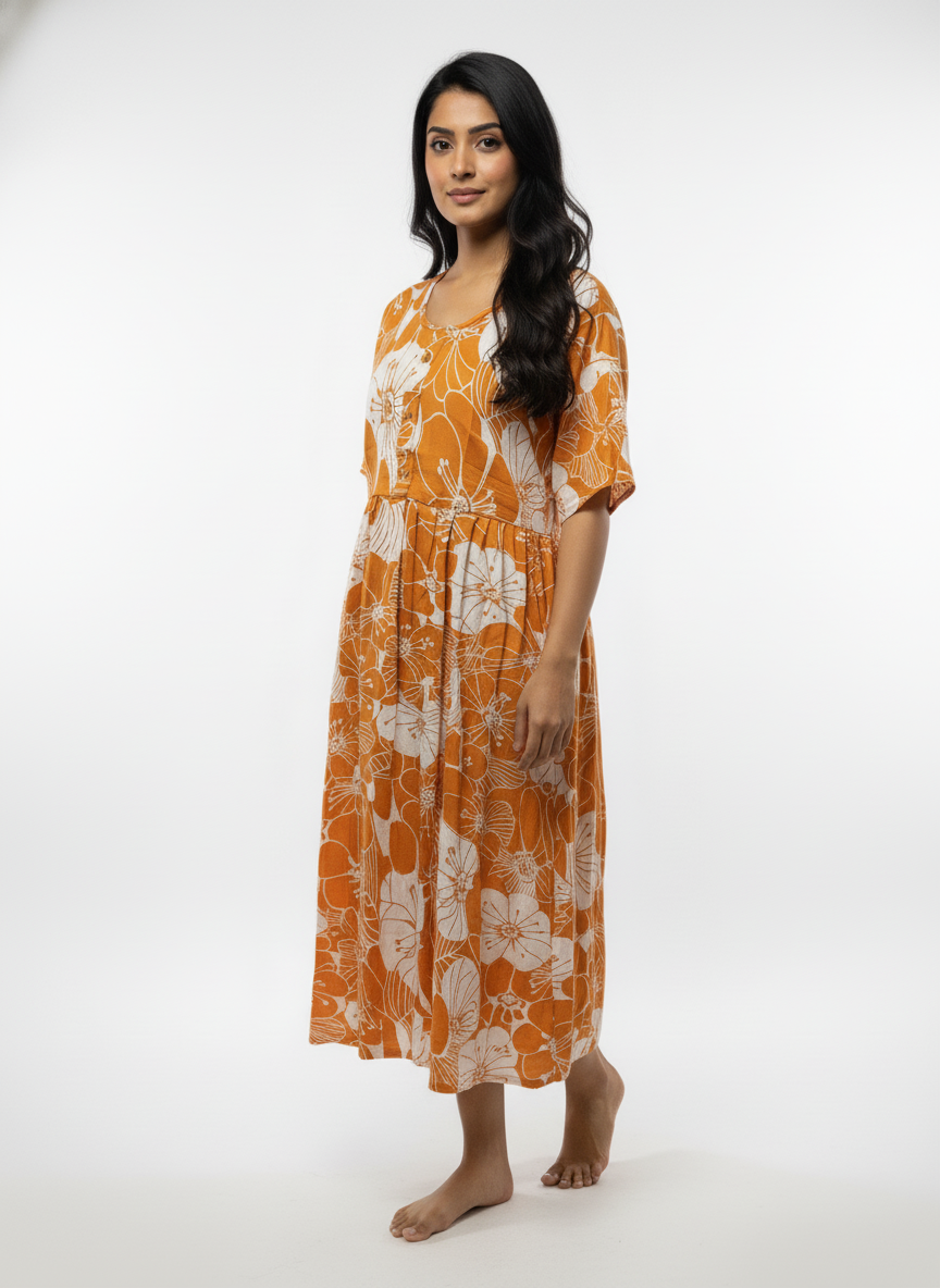 Women’s Cotton Floral Printed Anarkali Dress (Orange)