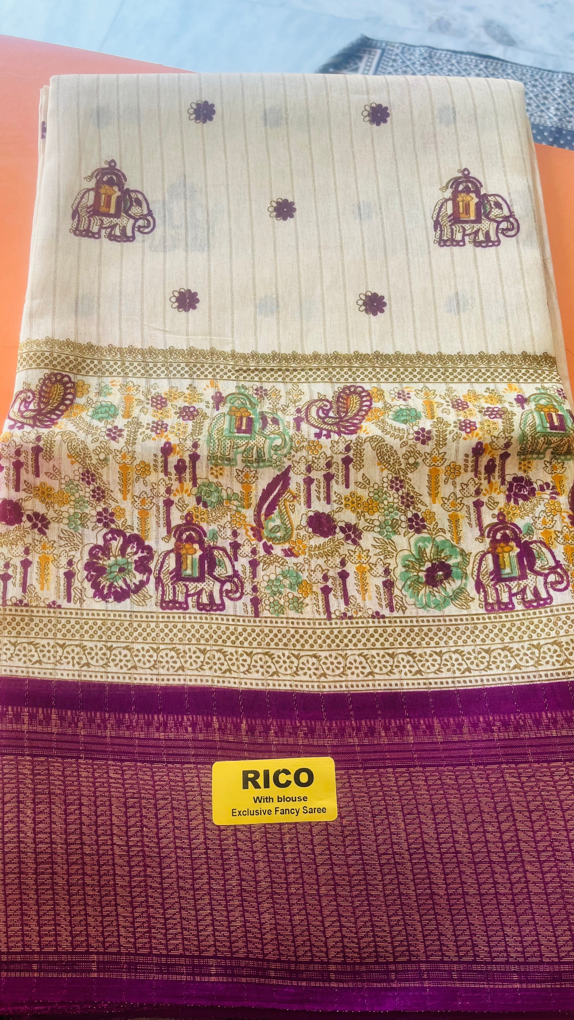 Rico Exclusive Fancy Saree with Blouse – Cream & Mustard Elephant Print