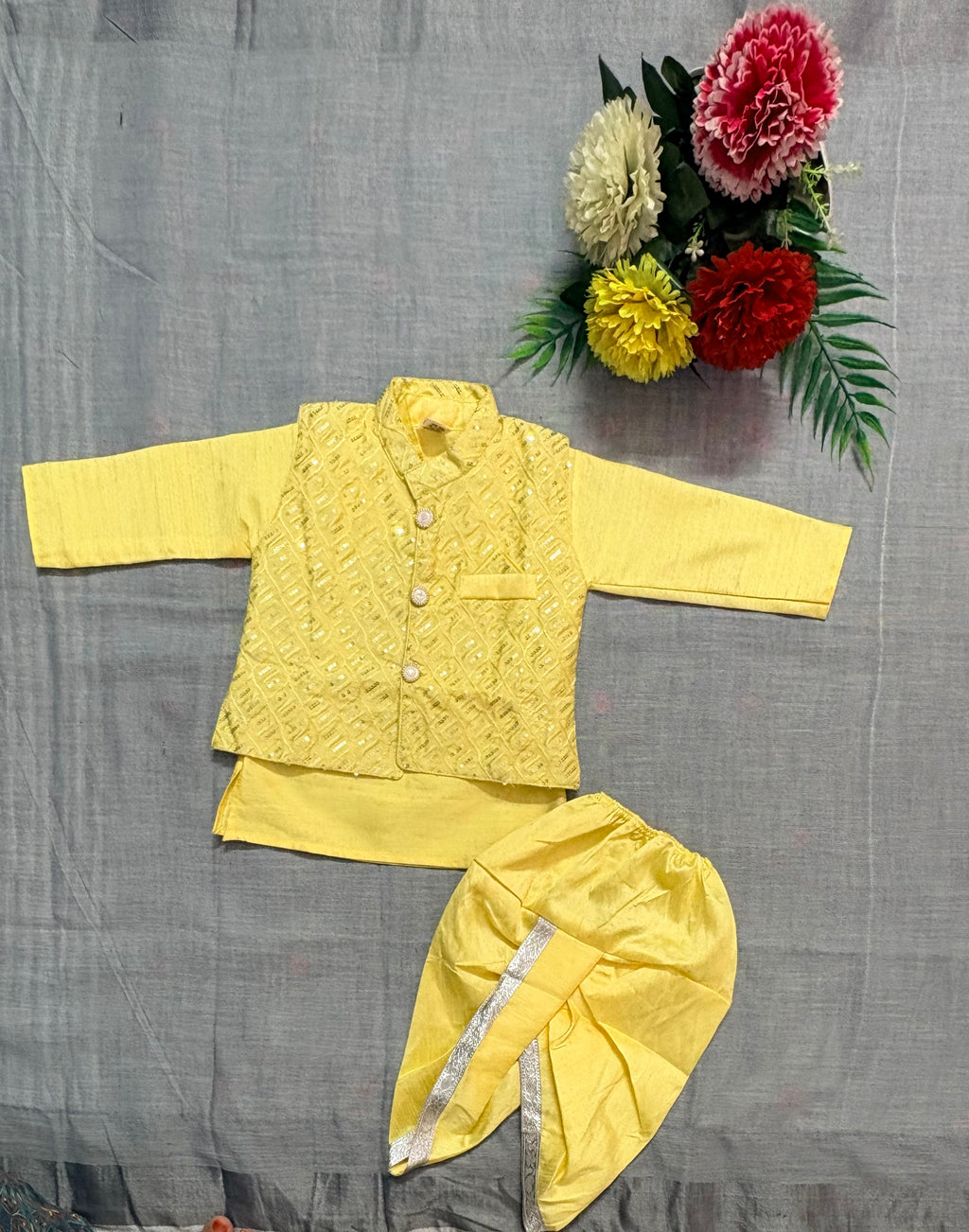 Elegant Yellow Boys Kurta with Embroidered Jacket and Pagdi Set