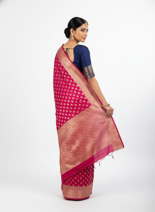 Elegant Magenta Pink Banarasi Silk Saree with Golden Buti & Rich Zari Border