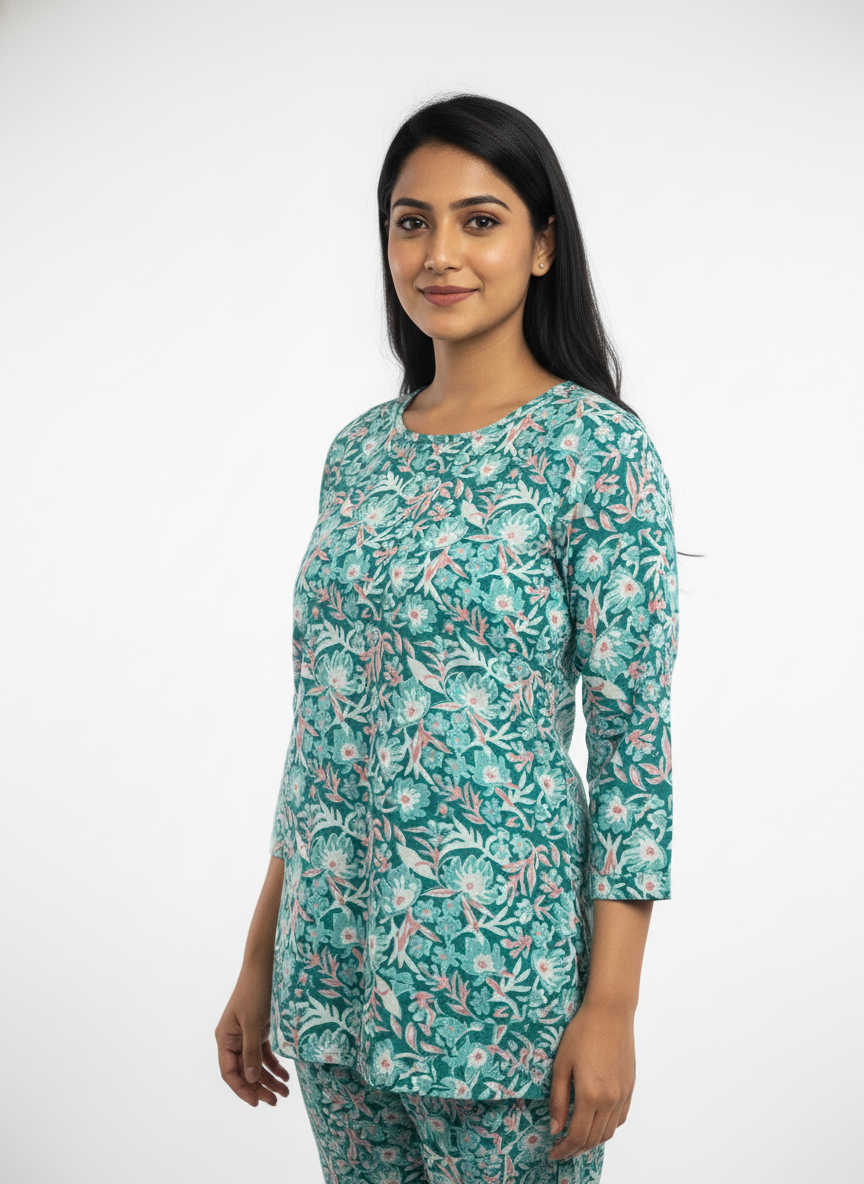 Women’s Cotton Printed Kurti & Pant Co-ord Set – Soft Green Floral Design | Comfortable Daily Wear Suit Set