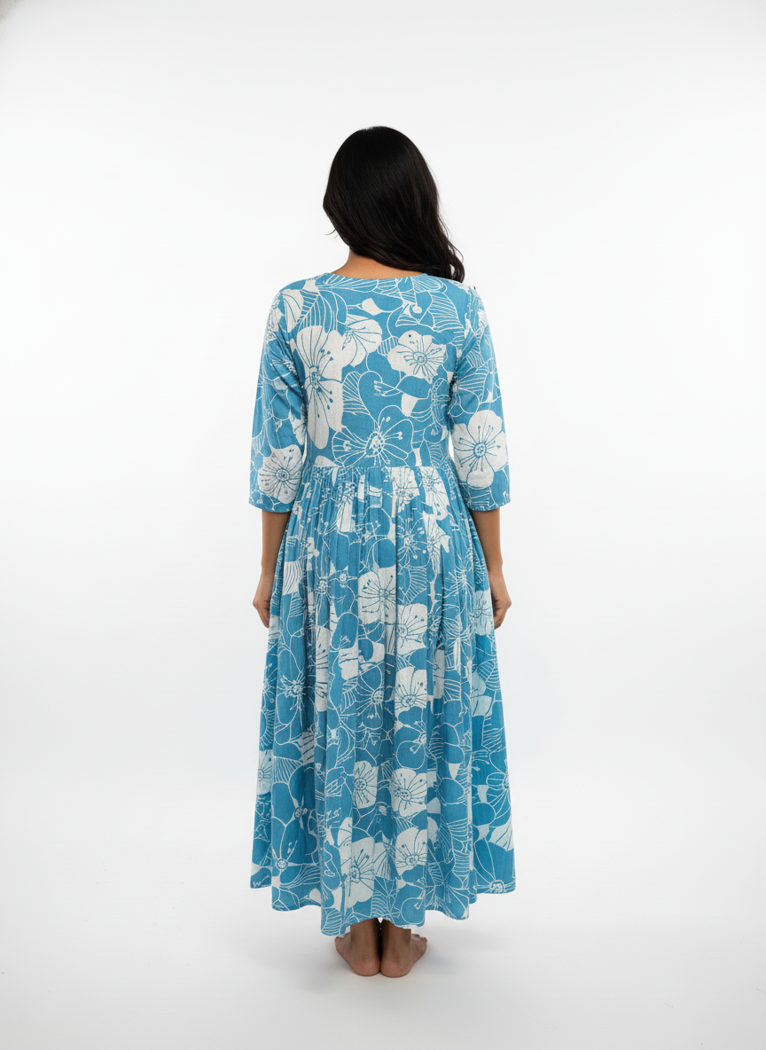 Women’s Cotton Floral Printed Anarkali Dress (Blue)