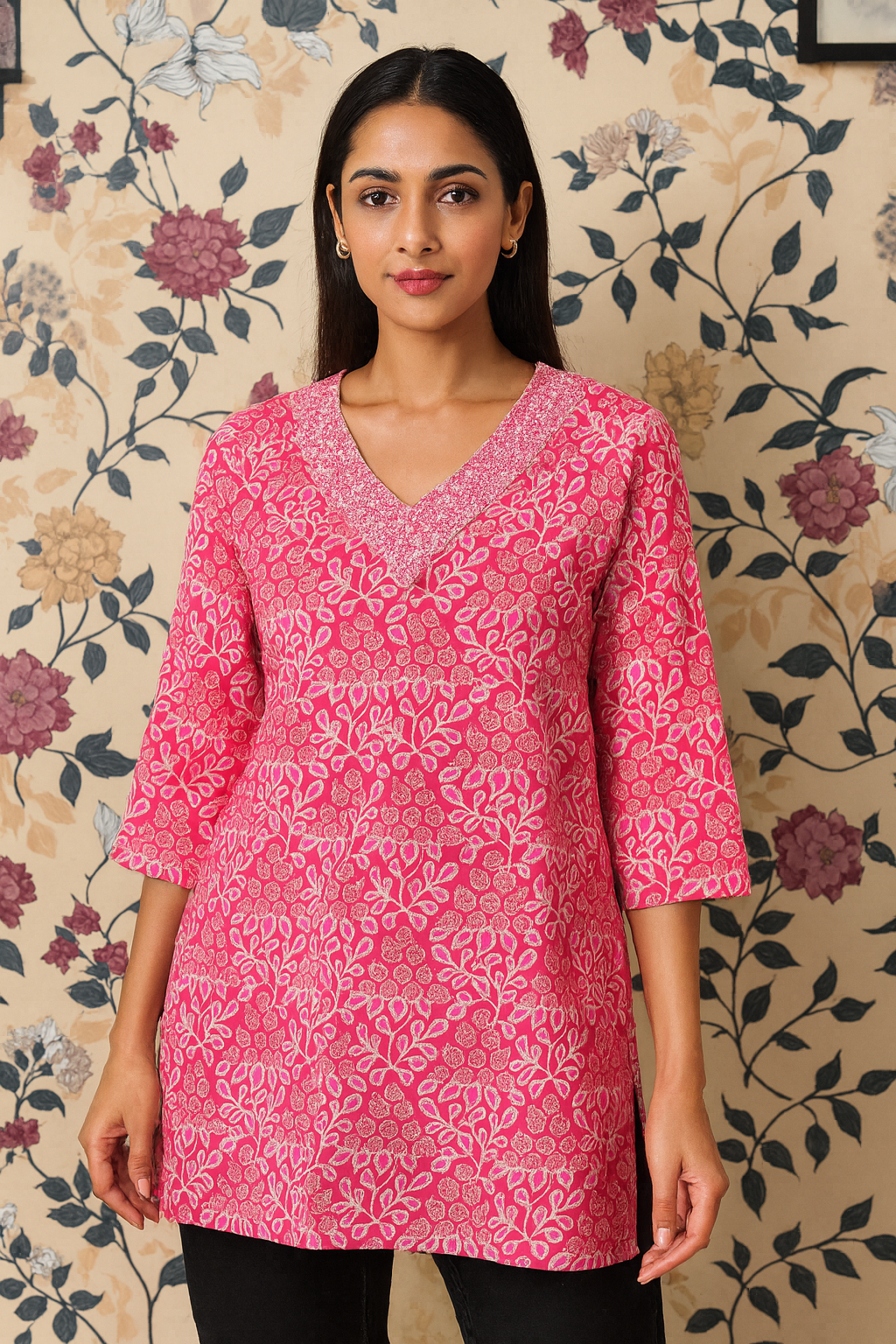 Pink Printed Cotton Kurti Top – Women’s Daily Wear