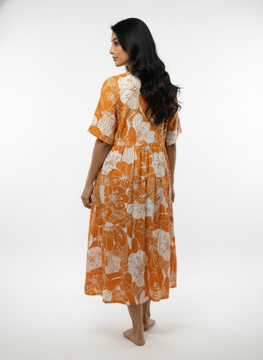 Women’s Cotton Floral Printed Anarkali Dress (Orange)