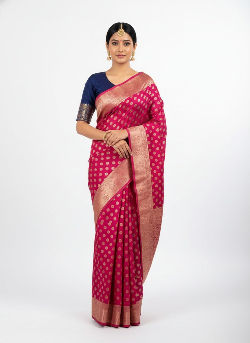 Elegant Magenta Pink Banarasi Silk Saree with Golden Buti & Rich Zari Border