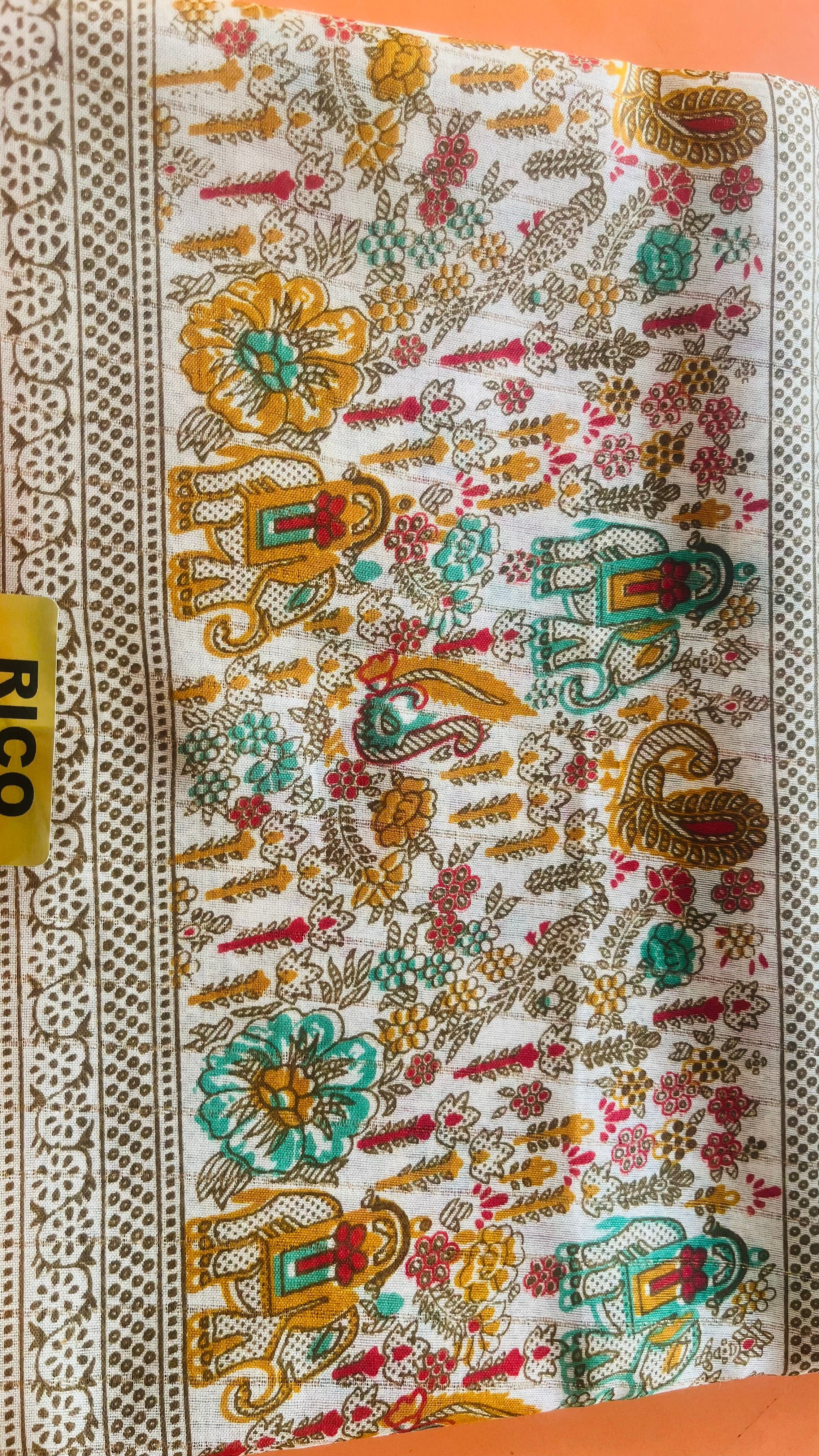 Rico Exclusive Fancy Saree with Blouse – Cream & Mustard Elephant Print