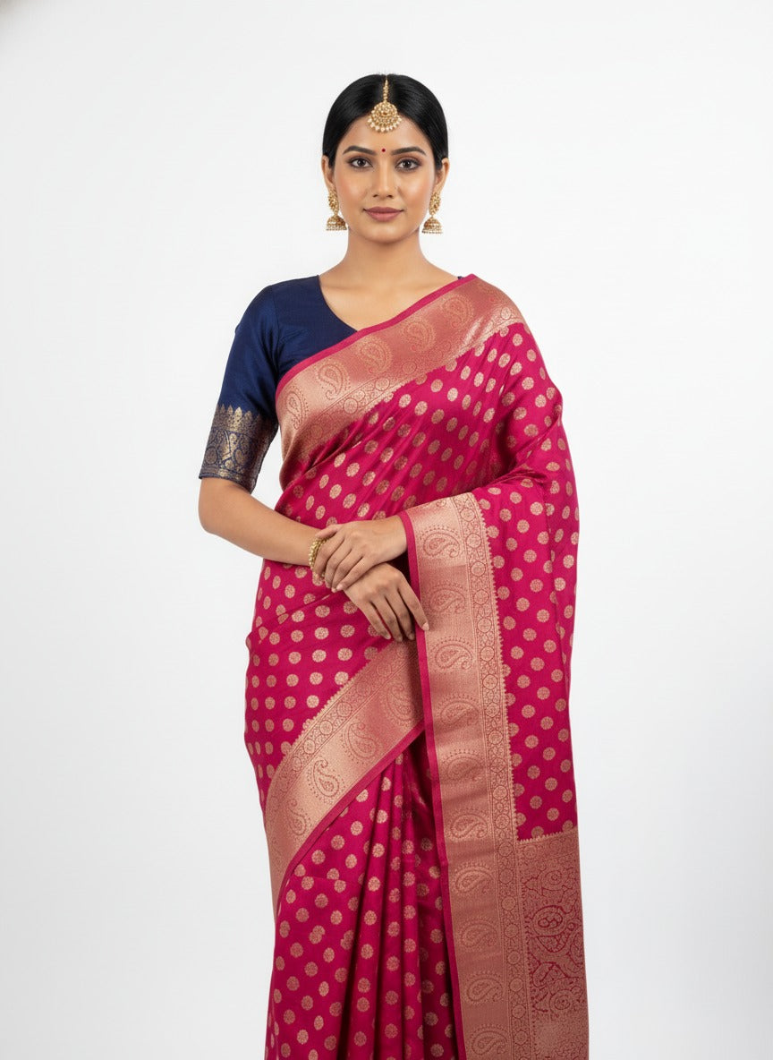 Elegant Magenta Pink Banarasi Silk Saree with Golden Buti & Rich Zari Border