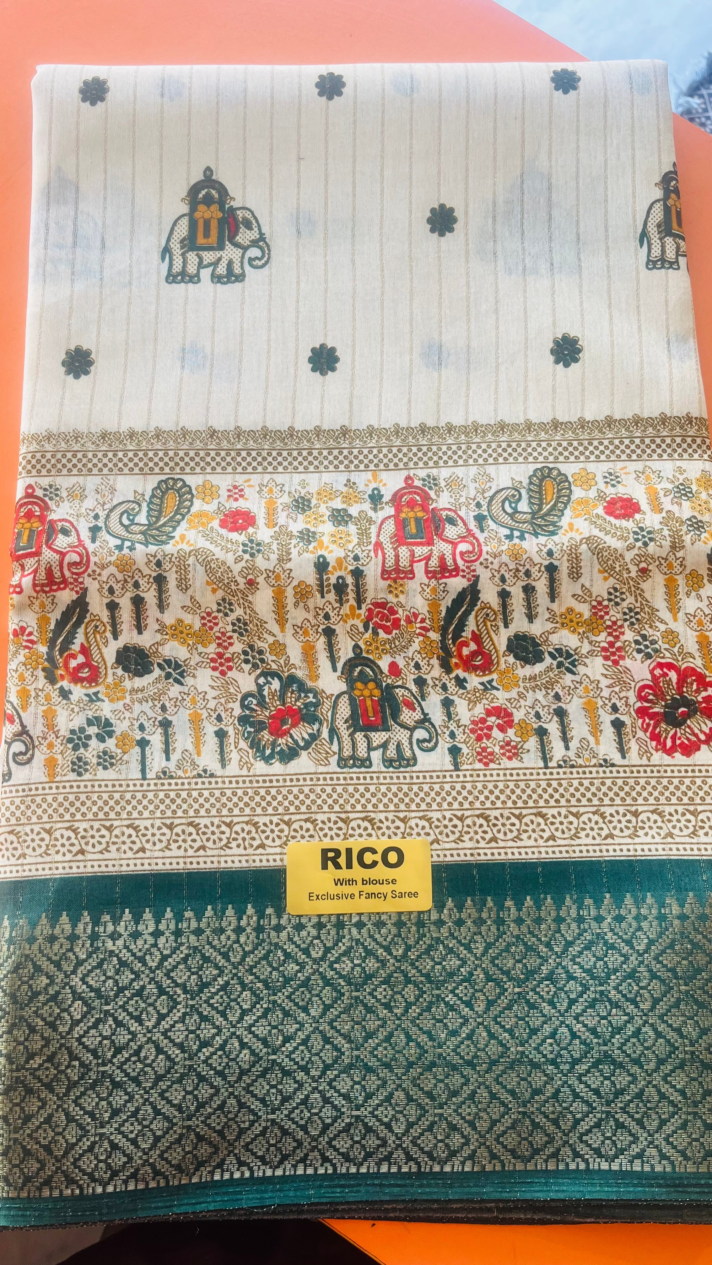Rico Exclusive Fancy Saree with Blouse – Cream & Mustard Elephant Print