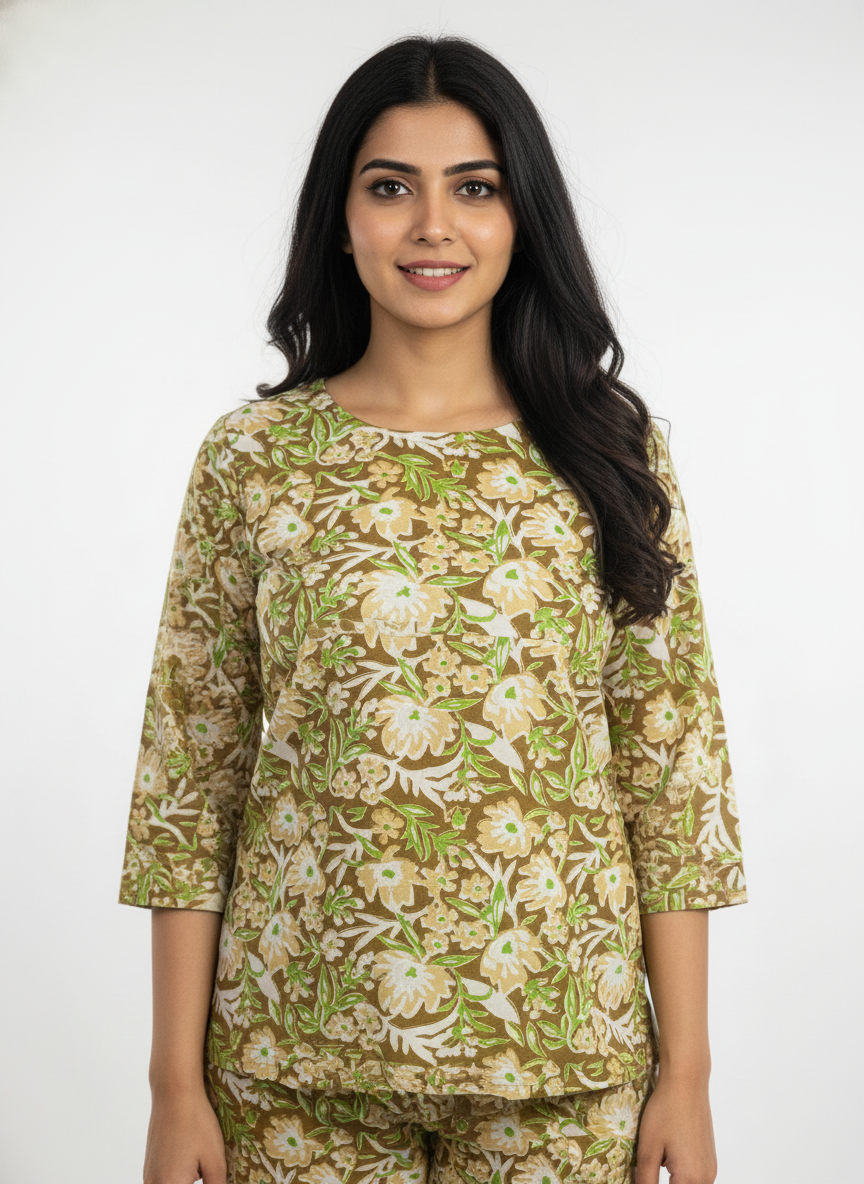 Women’s Cotton Printed Kurti & Pant Co-ord Set – Soft green flower Design | Comfortable Daily Wear Suit Set