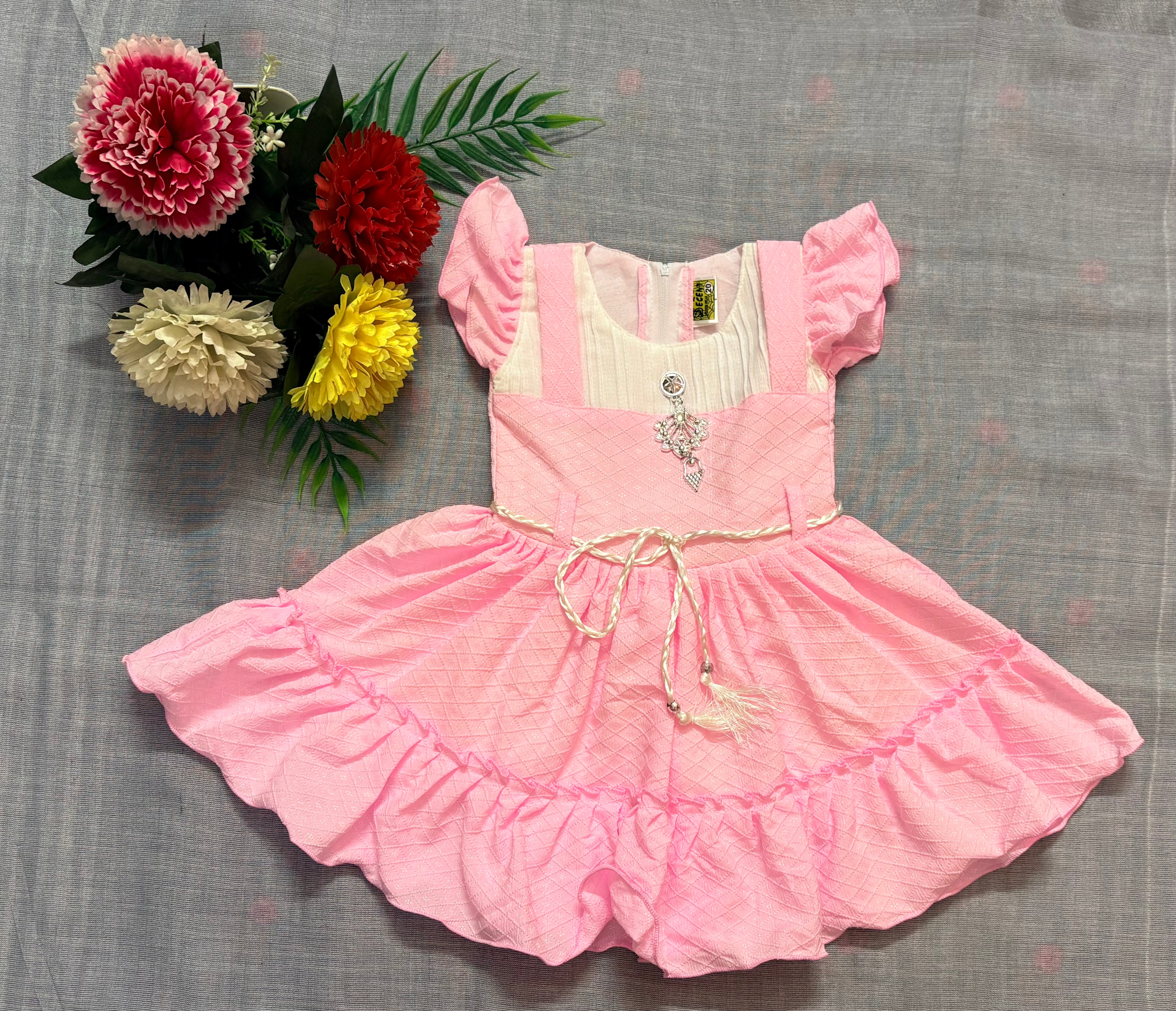 Elegant Pink and Pink Mauve Frock for Girls with Cream Yoke and Rope Belt