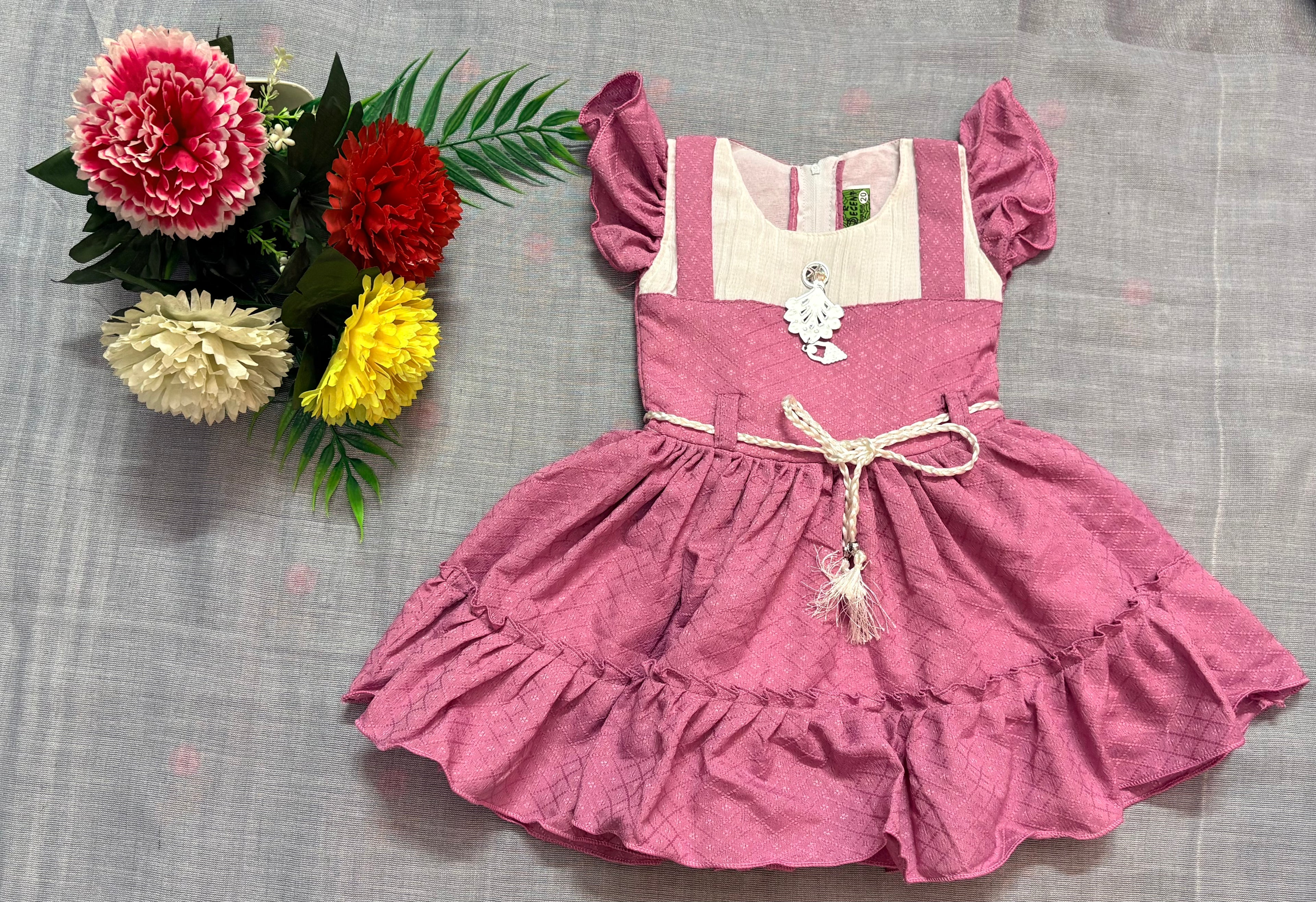 Elegant Pink and Pink Mauve Frock for Girls with Cream Yoke and Rope Belt