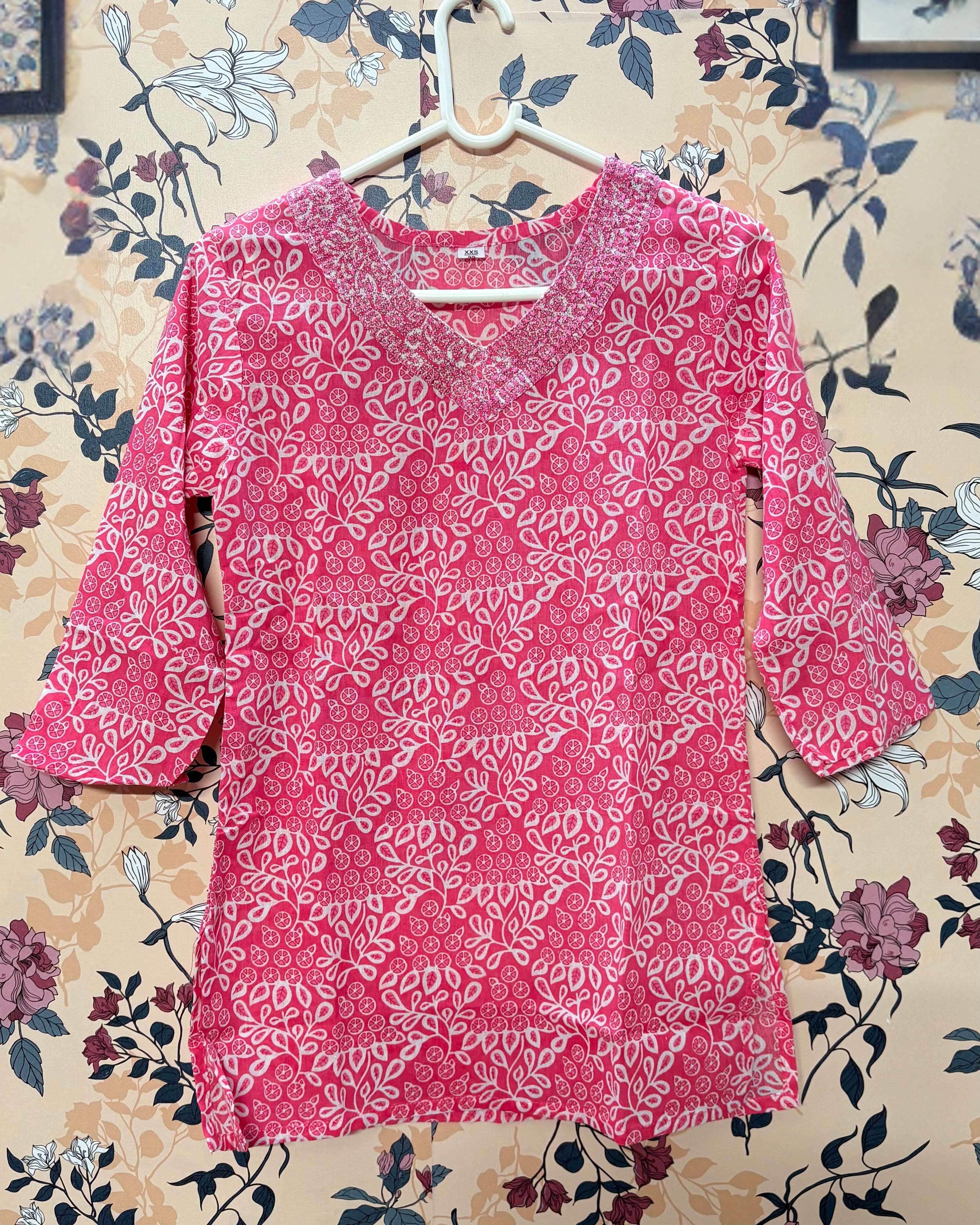 Pink Printed Cotton Kurti Top – Women’s Daily Wear