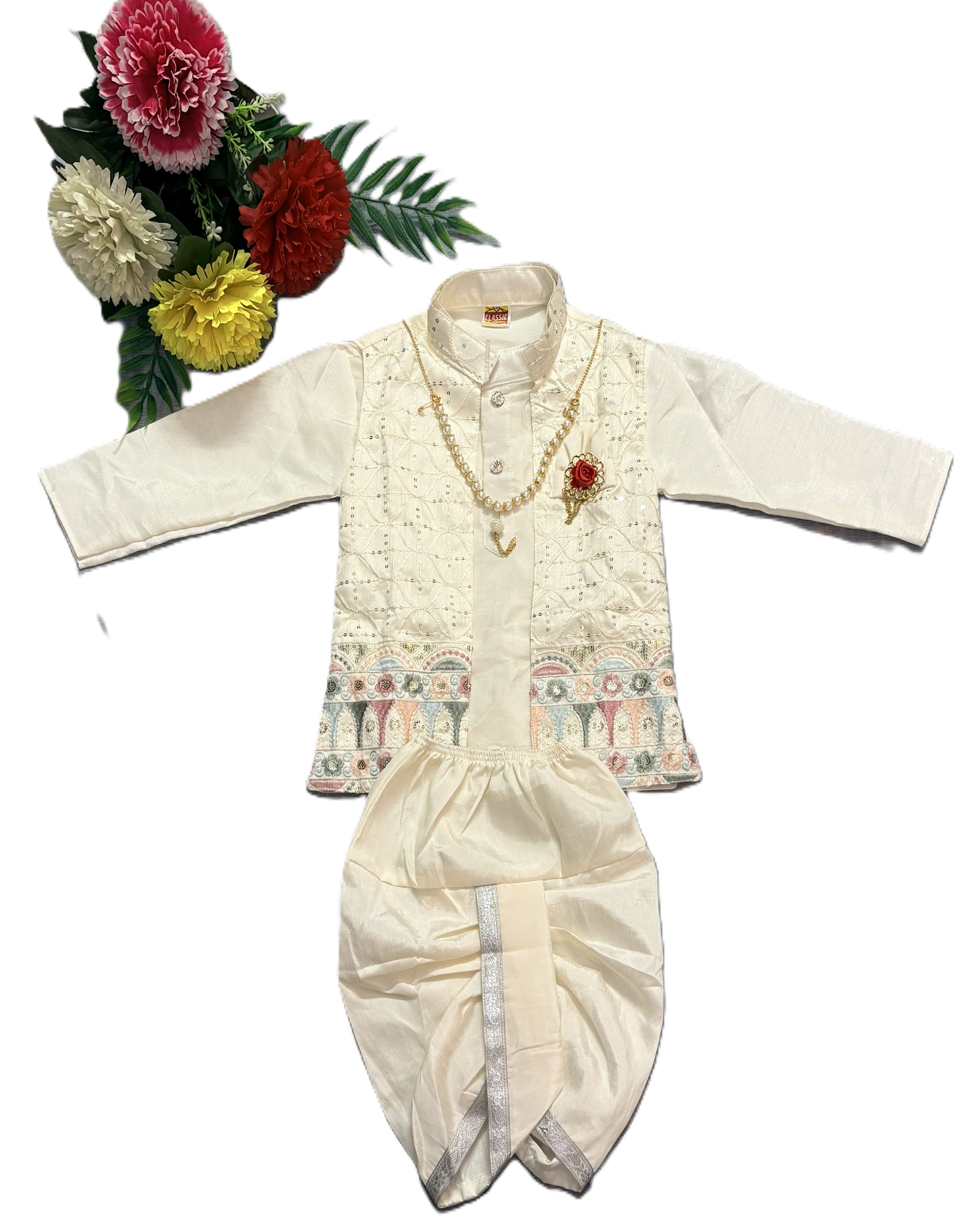 Traditional Cream Kurta Dhoti Set with Embroidered Jacket for Boys – Festive & Wedding Wear