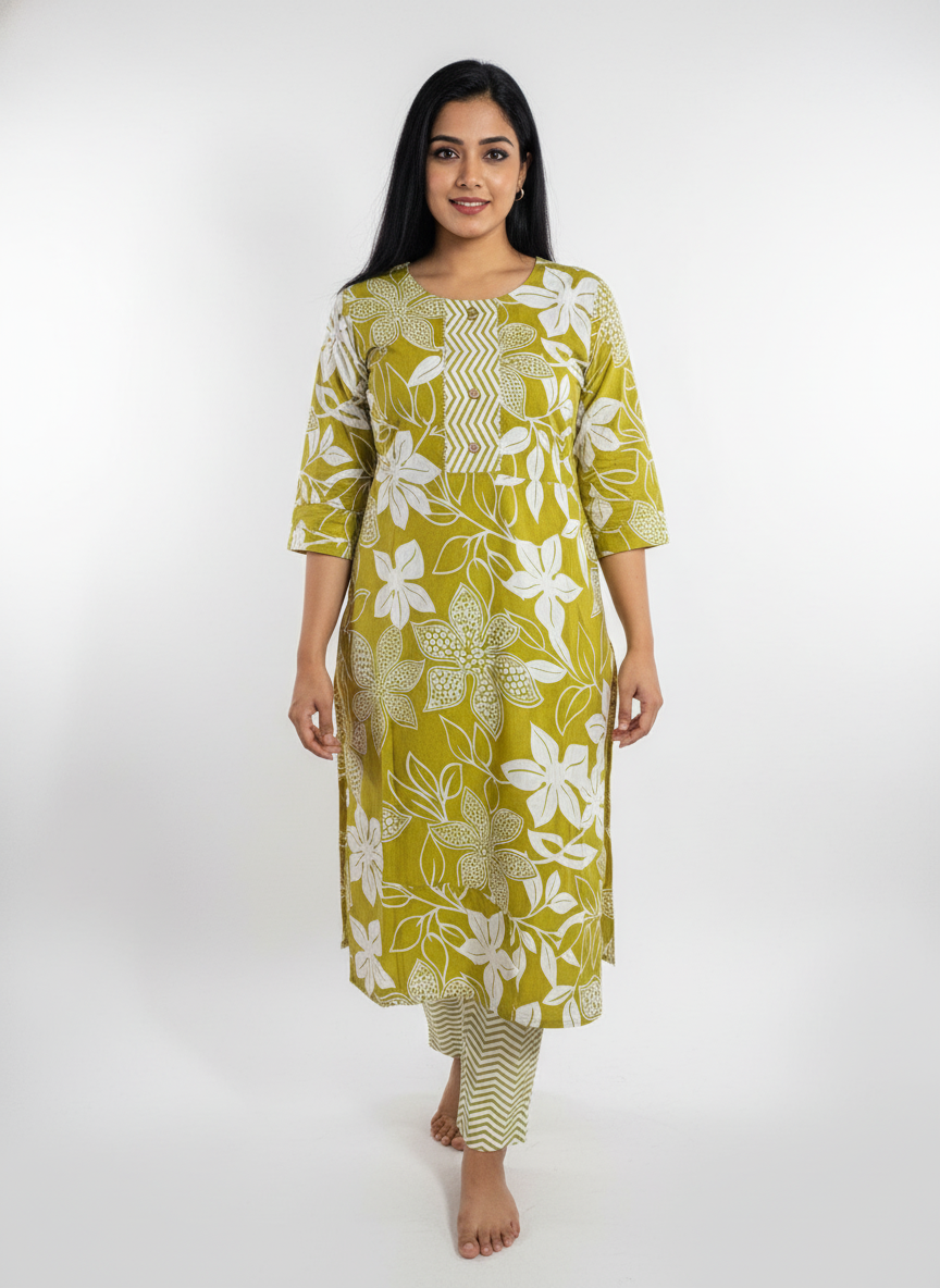 Long Cotton Kurti & Pant 2-Piece Set – Mehndi Color