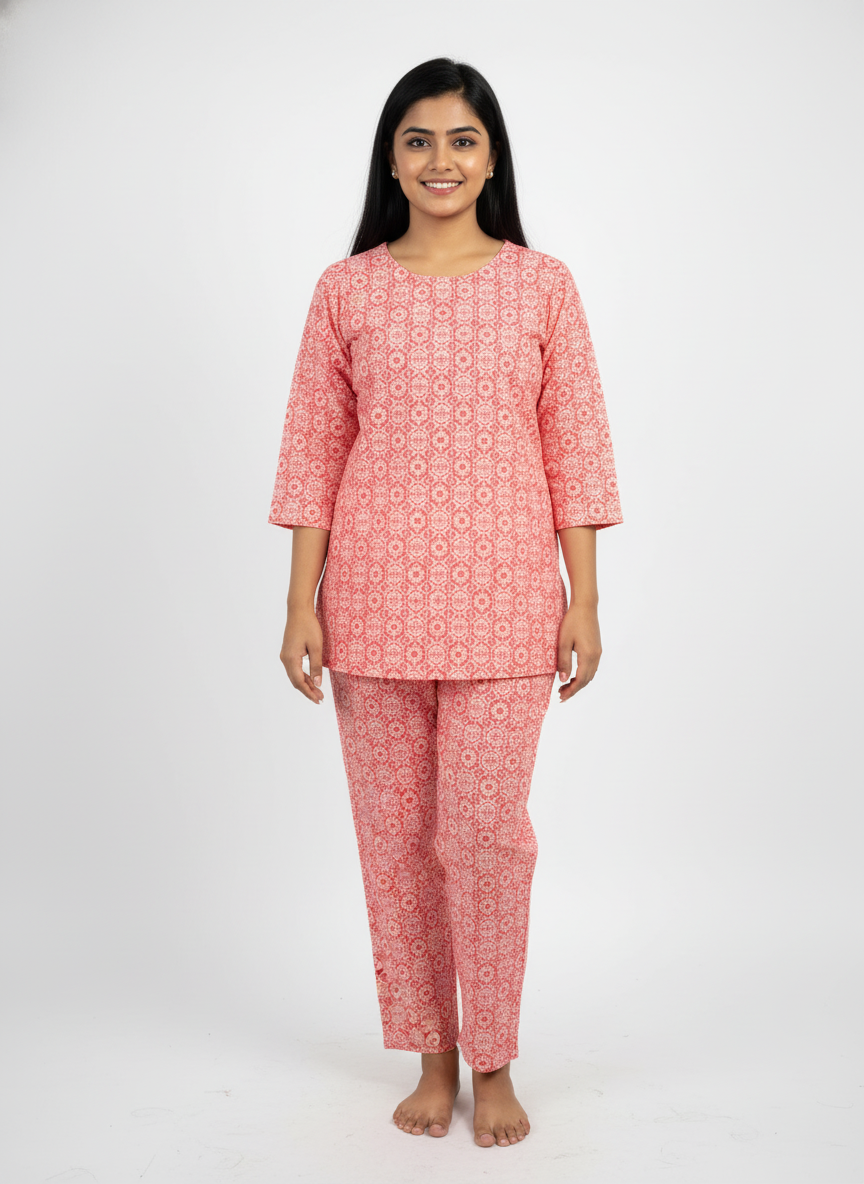 Women’s Cotton Printed Kurti & Pant Co-ord Set – Soft orange printed Design | Comfortable Daily Wear Suit Set