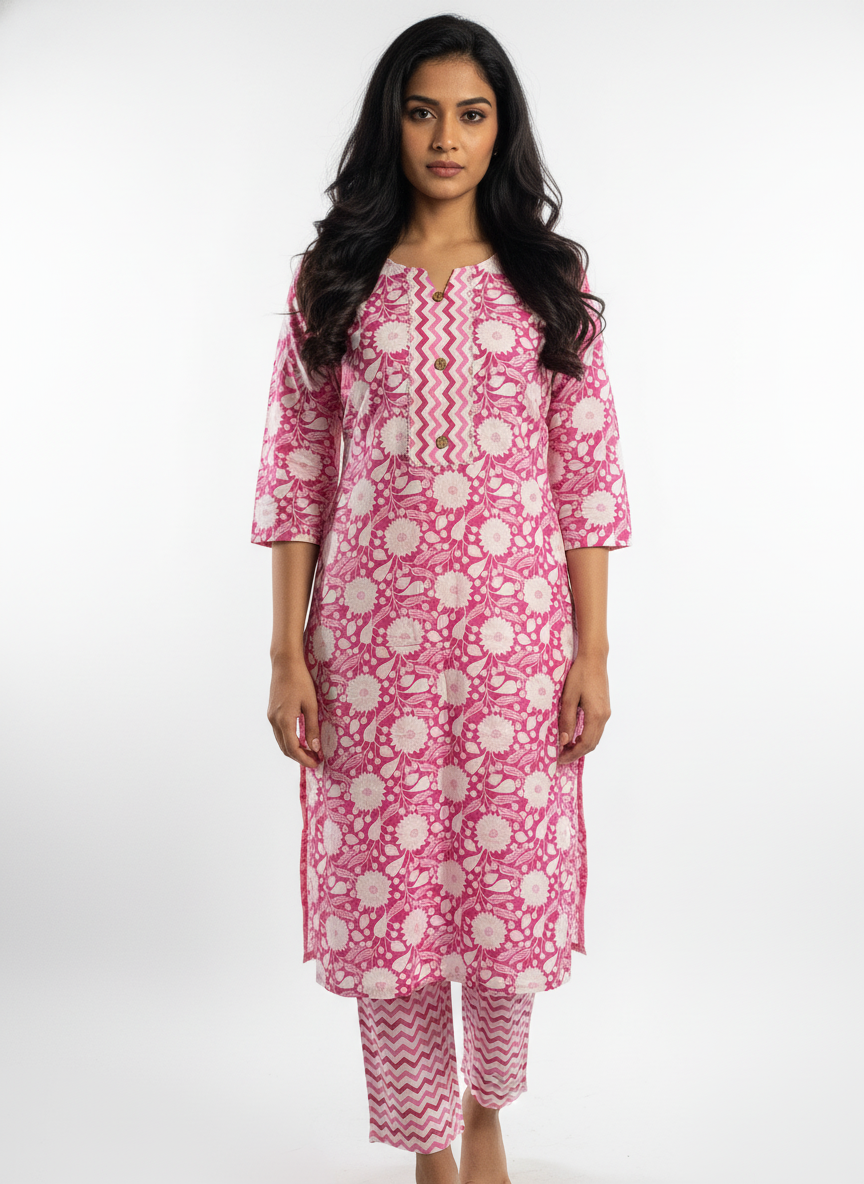 Long Cotton Kurti & Pant 2-Piece Set – Floral Pink