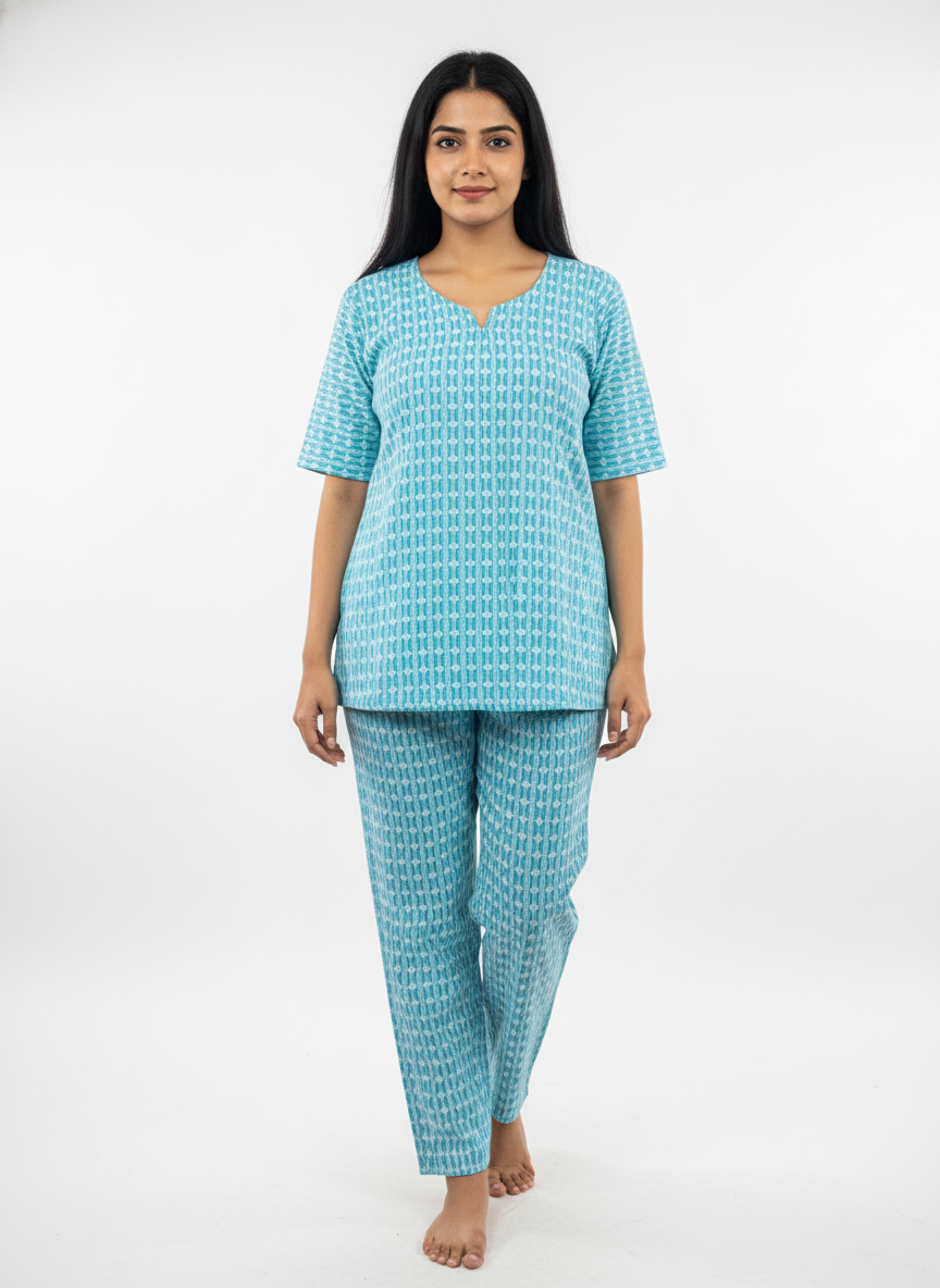 Women’s Cotton Printed Kurti & Pant Co-ord Set – Soft Blue Design | Comfortable Daily Wear Suit Set
