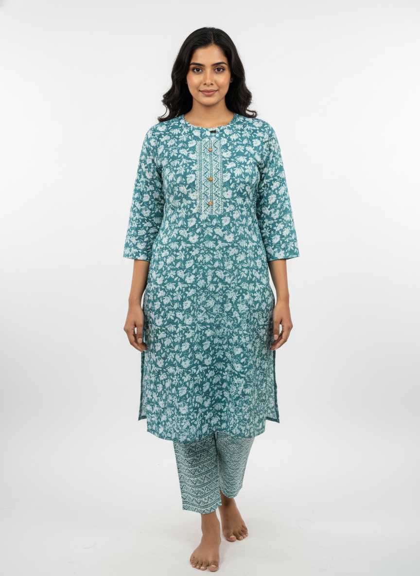 Long Cotton Kurti & Pant 2-Piece Set – Blue Color