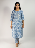 Long Cotton Kurti & Pant 2-Piece Set – Blue Color