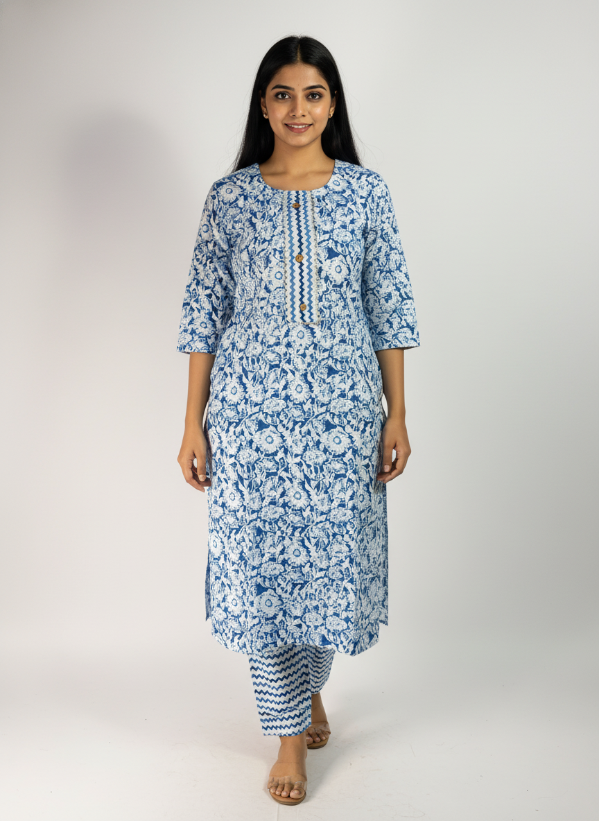 Long Cotton Kurti & Pant 2-Piece Set – Blue Color