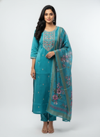 Women’s Teal Blue Embroidered Kurta Set with Printed Dupatta | Elegant Festive & Casual Wear Suit Set