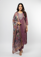 Women’s Purple Embroidered Kurta Set with Floral Digital Print Dupatta | Elegant Party & Festive Wear Suit Set