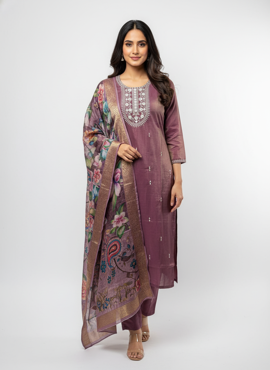 Women’s Purple Embroidered Kurta Set with Floral Digital Print Dupatta | Elegant Party & Festive Wear Suit Set