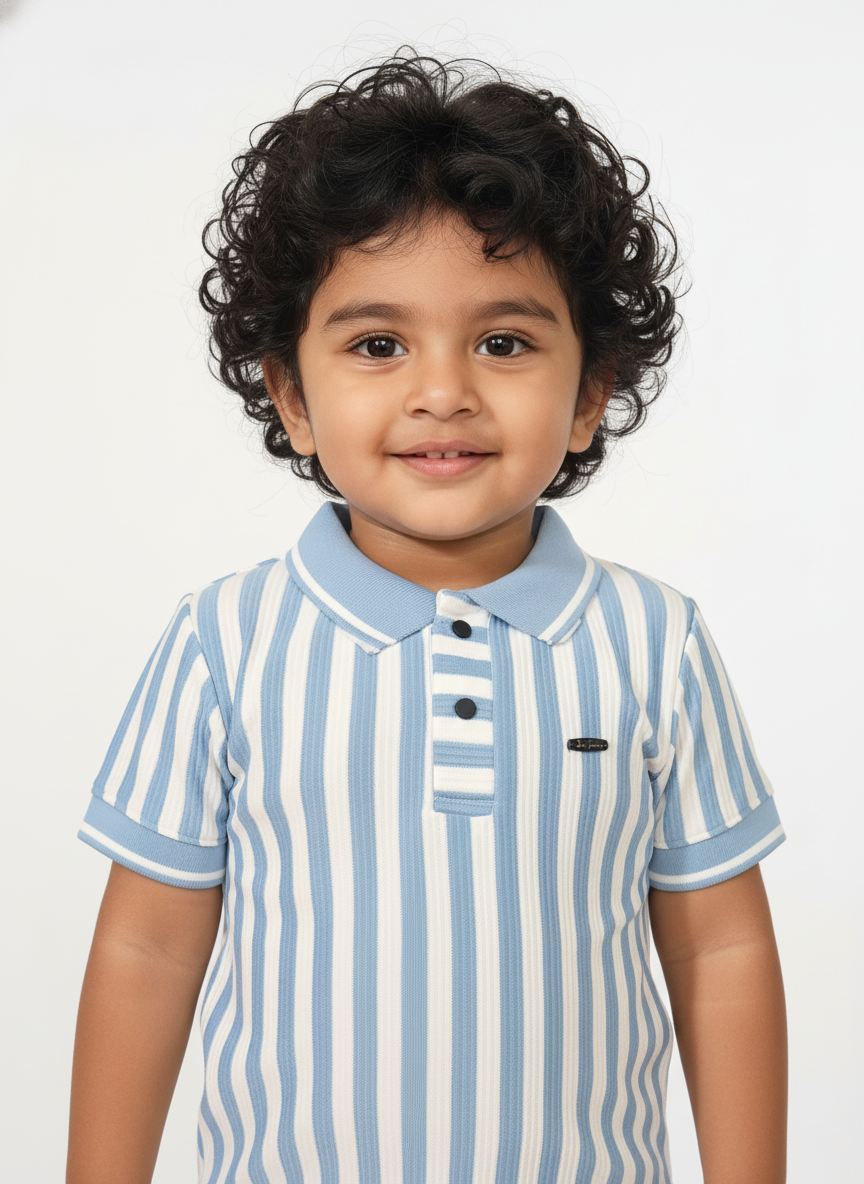 Kids Blue & White Striped Hosiery Cotton Polo T-Shirt