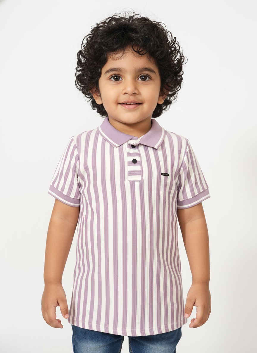 Kids Lavender & White Striped Hosiery Cotton Polo T-Shirt