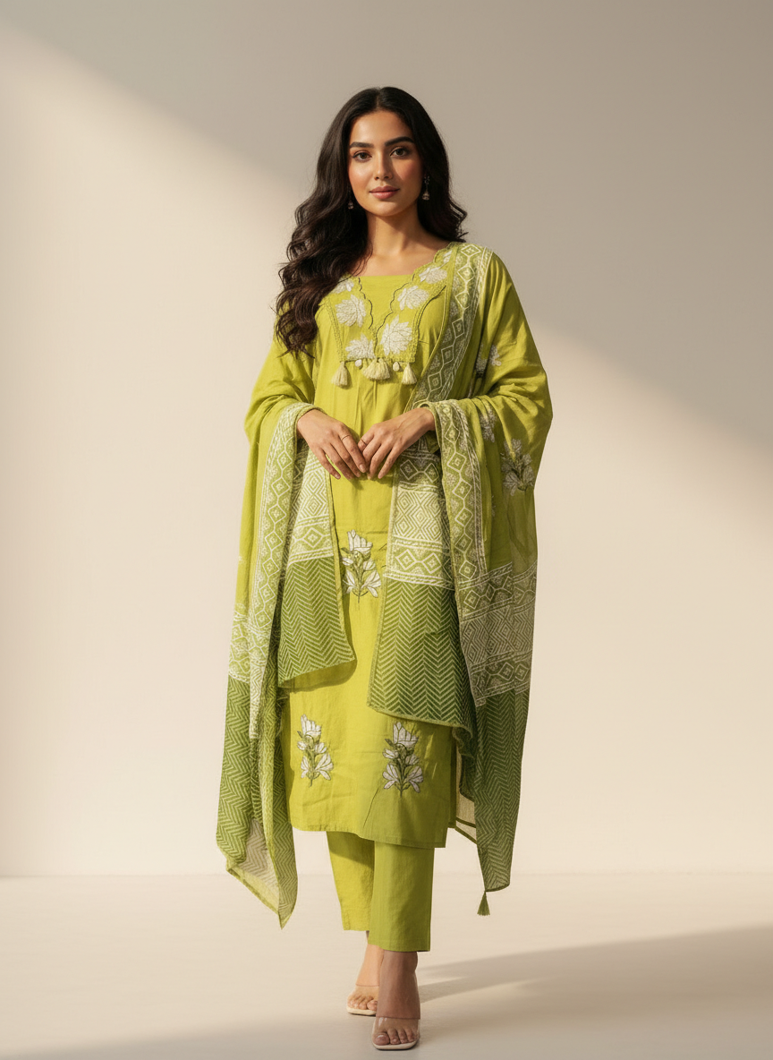 Women’s Pure Cotton Green Embroidered Kurta Pant Dupatta Set | Floral Hand Embroidery | Ethnic Wear